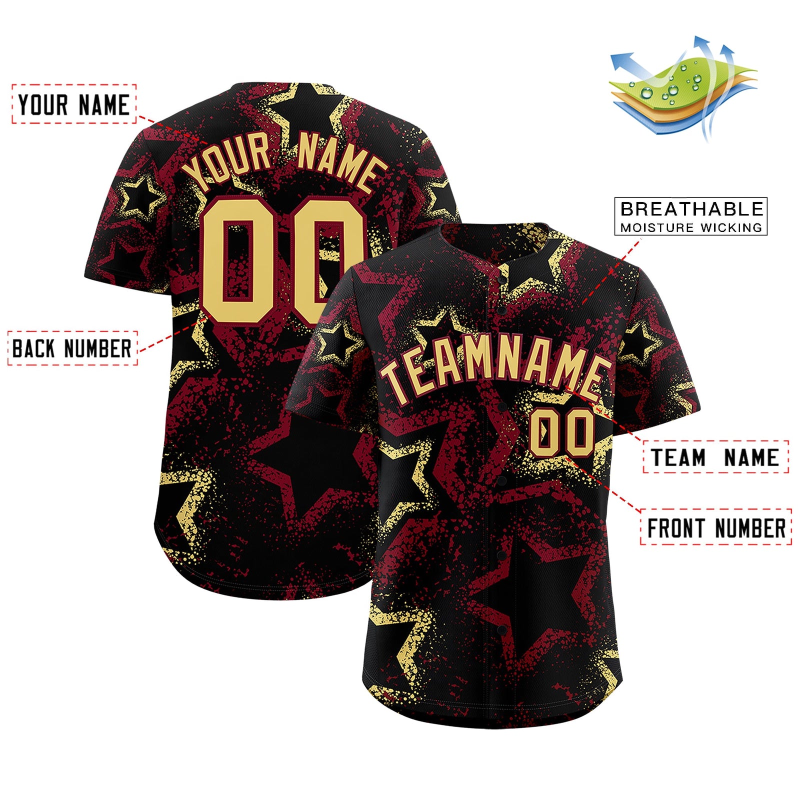 Custom Black Khaki Crimson Star-Shaped Ink Texture Graffiti Pattern Baseball Jersey | Sublimation Printed & Stitched,Add Name and Numbern,Perfect for Parties,Perfect for Training | KXKSHOP