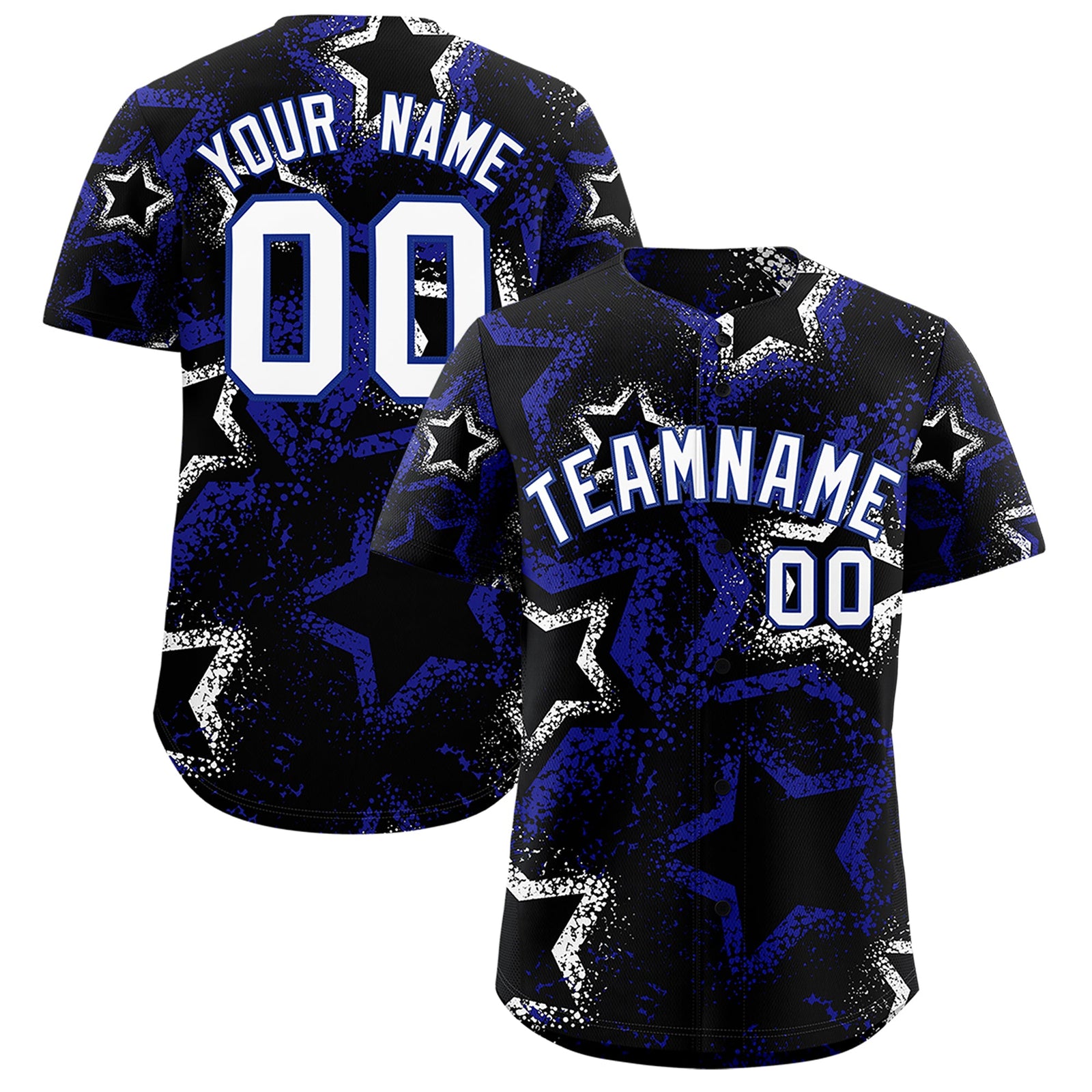 Custom Black White Royal Blue Star-Shaped Ink Texture Graffiti Pattern Baseball Jersey | Sublimation Printed & Stitched,Add Name and Numbern,Perfect for Parties,Perfect for Training | KXKSHOP