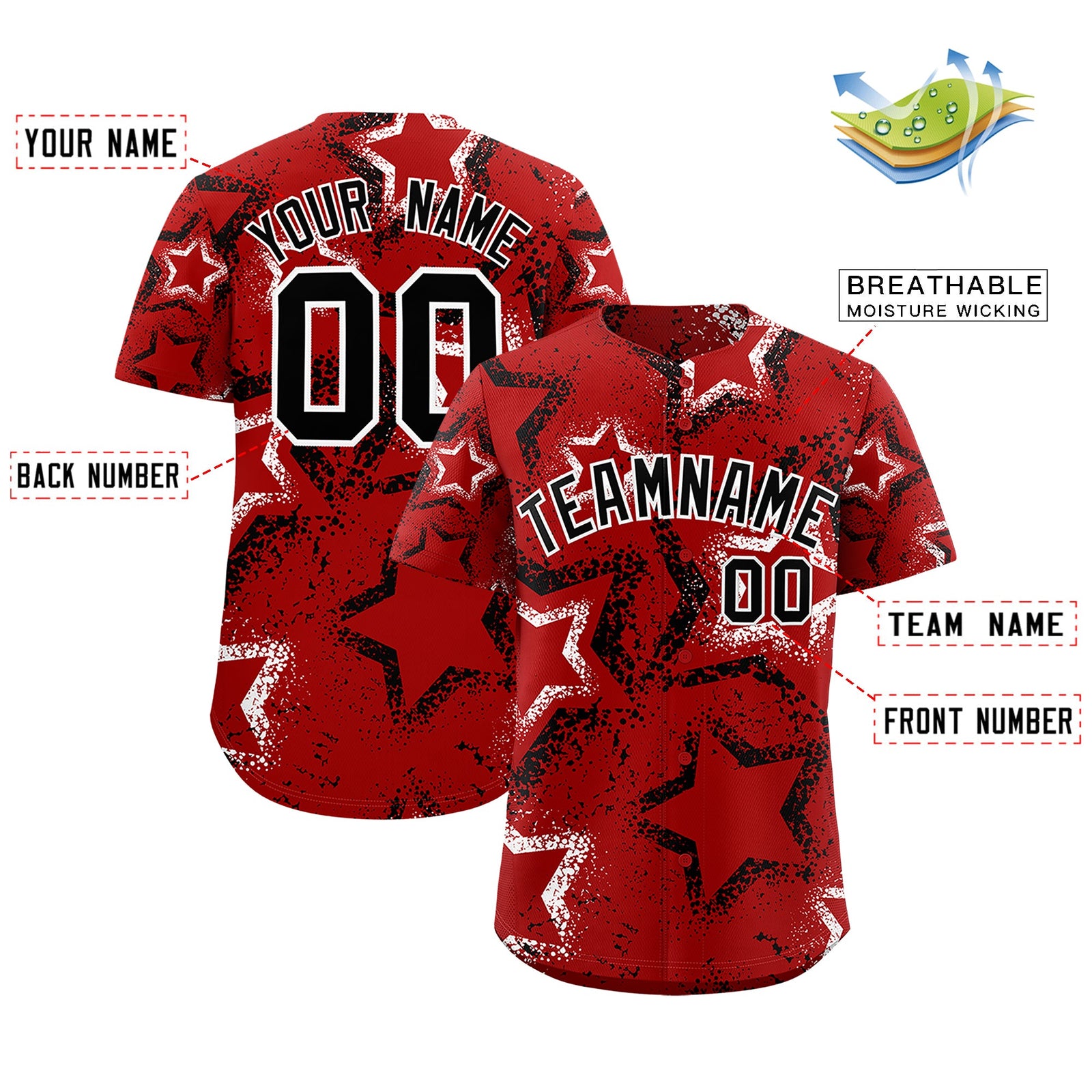 Custom Red White Black Star-Shaped Ink Texture Graffiti Pattern Baseball Jersey | Sublimation Printed & Stitched,Add Name and Numbern,Perfect for Parties,Perfect for Training | KXKSHOP