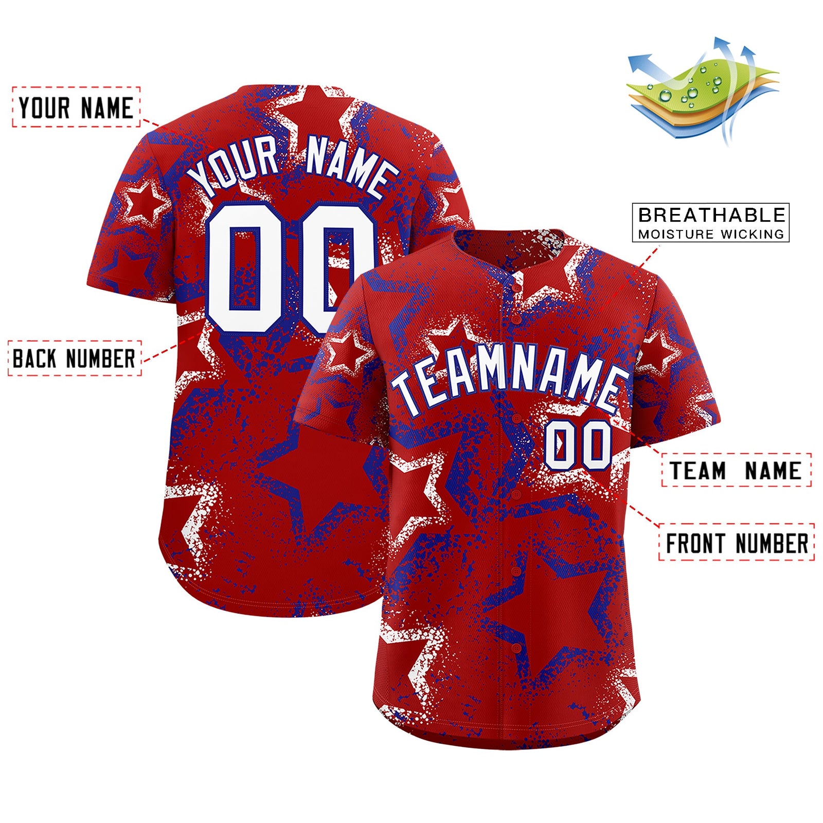 Custom Red White Royal Blue Star-Shaped Ink Texture Graffiti Pattern Baseball Jersey | Sublimation Printed & Stitched,Add Name and Numbern,Perfect for Parties,Perfect for Training | KXKSHOP