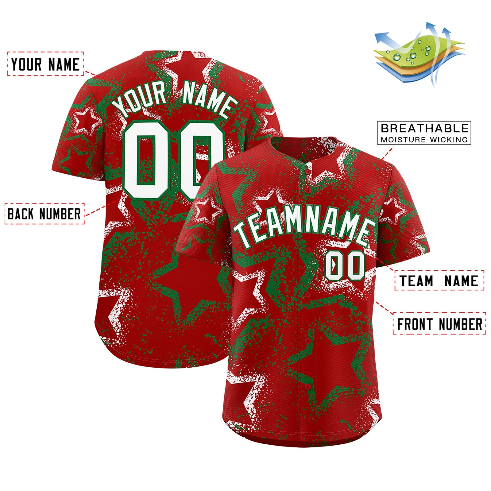 Custom Red White Kelly Green Star-Shaped Ink Texture Graffiti Pattern Baseball Jersey | Sublimation Printed & Stitched,Add Name and Numbern,Perfect for Parties,Perfect for Training | KXKSHOP