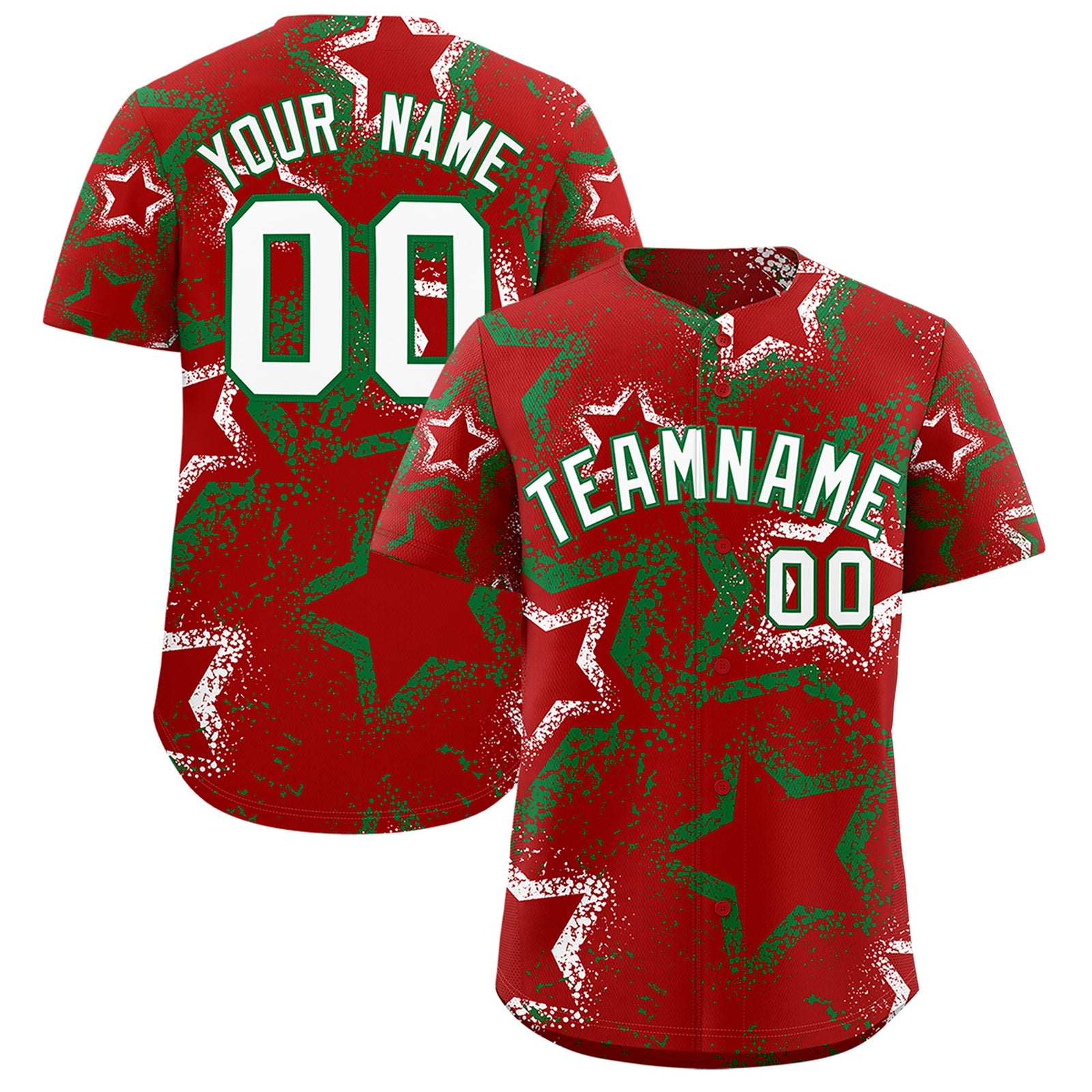 Custom Red White Kelly Green Star-Shaped Ink Texture Graffiti Pattern Baseball Jersey | Sublimation Printed & Stitched,Add Name and Numbern,Perfect for Parties,Perfect for Training | KXKSHOP
