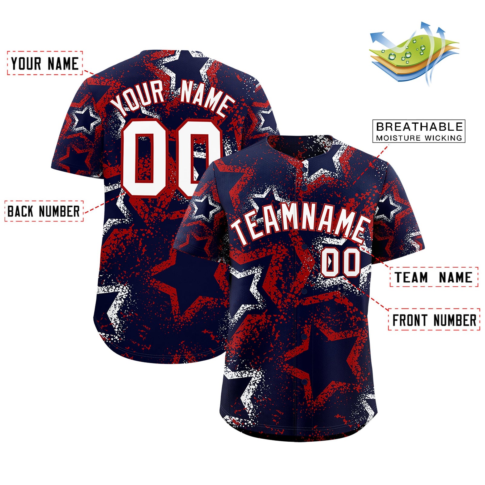 Custom Navy White Red Star-Shaped Ink Texture Graffiti Pattern Baseball Jersey | Sublimation Printed & Stitched,Add Name and Numbern,Perfect for Parties,Perfect for Training | KXKSHOP