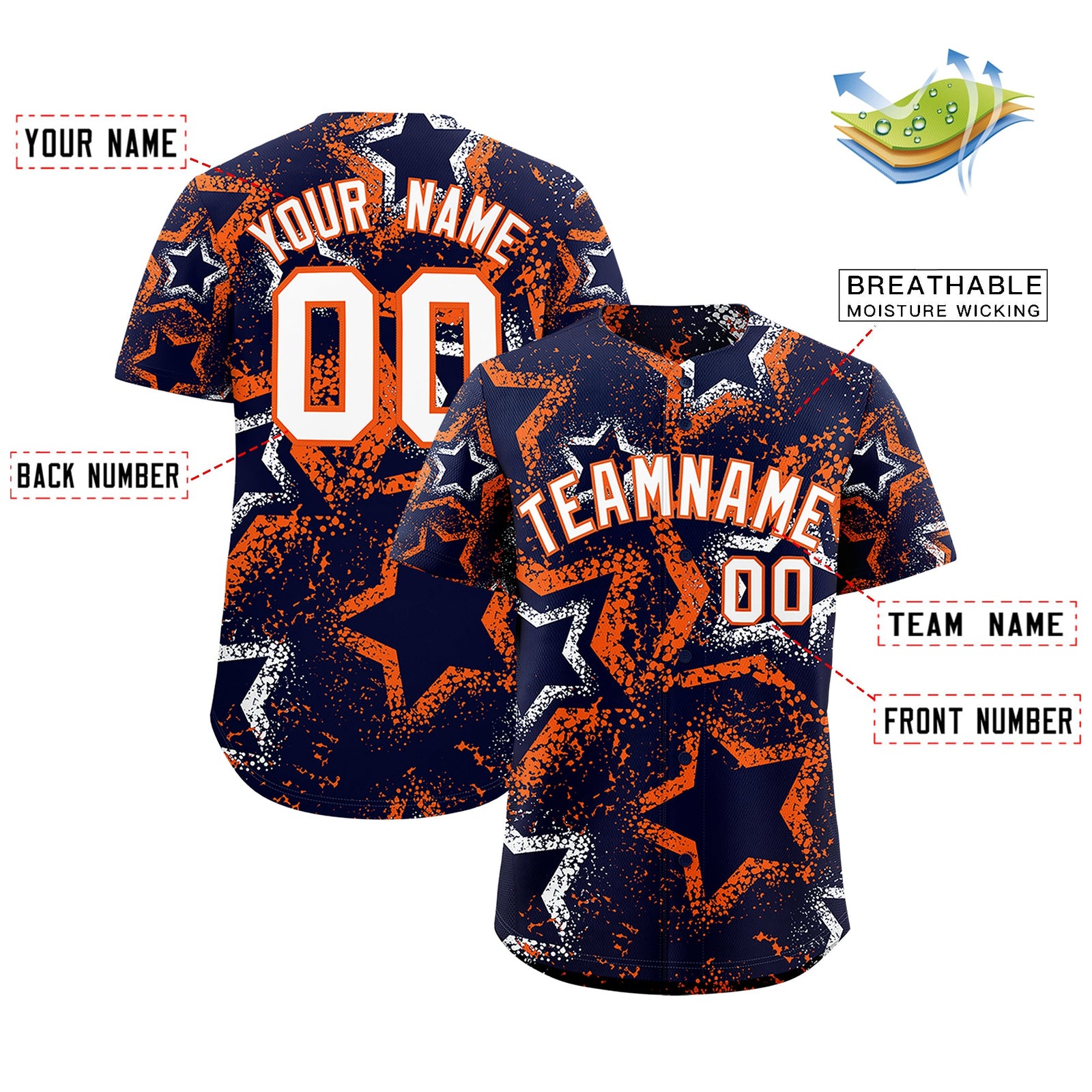 Custom Navy White Orange Star-Shaped Ink Texture Graffiti Pattern Baseball Jersey | Sublimation Printed & Stitched,Add Name and Numbern,Perfect for Parties,Perfect for Training | KXKSHOP