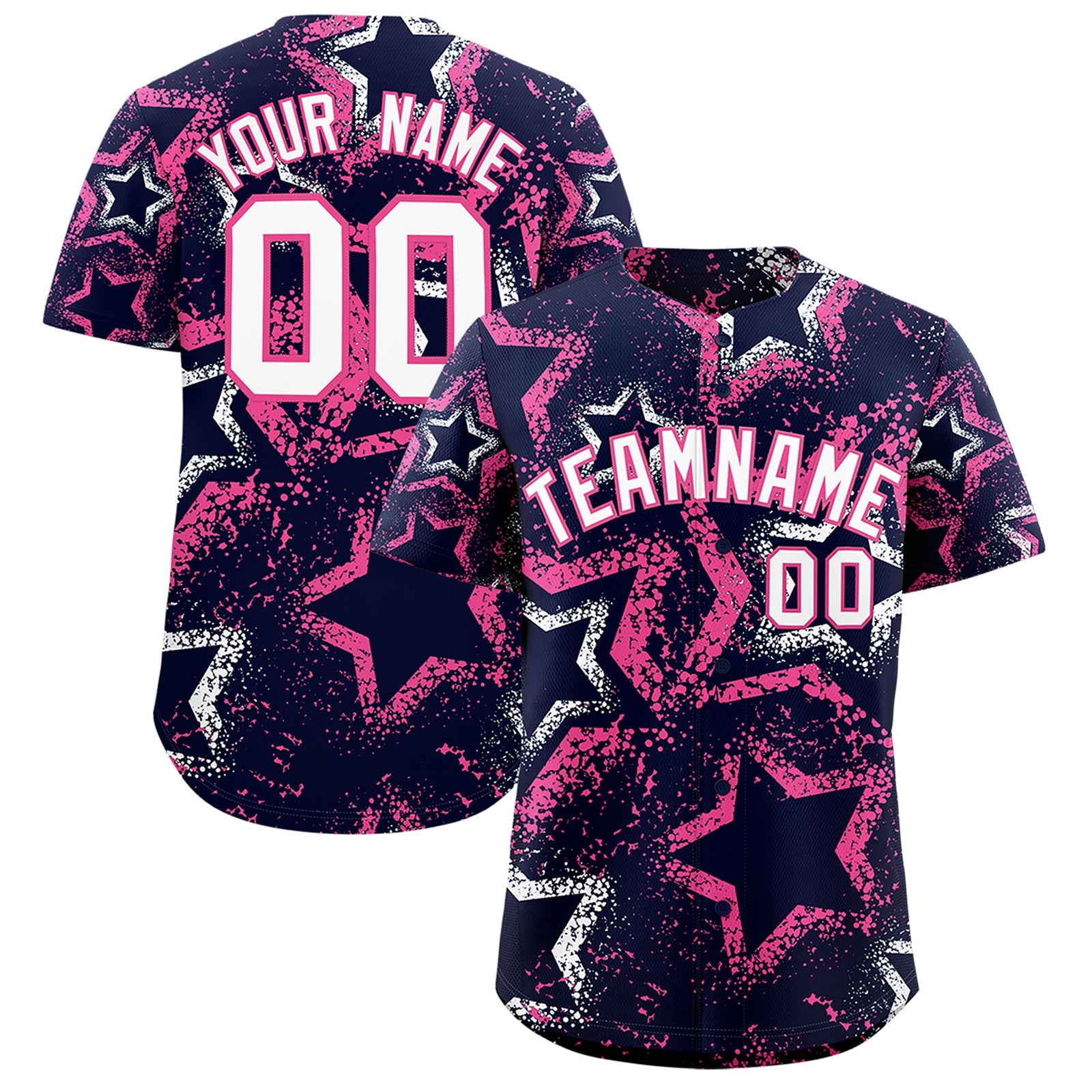 Custom Navy White Pink Star-Shaped Ink Texture Graffiti Pattern Baseball Jersey | Sublimation Printed & Stitched,Add Name and Numbern,Perfect for Parties,Perfect for Training | KXKSHOP