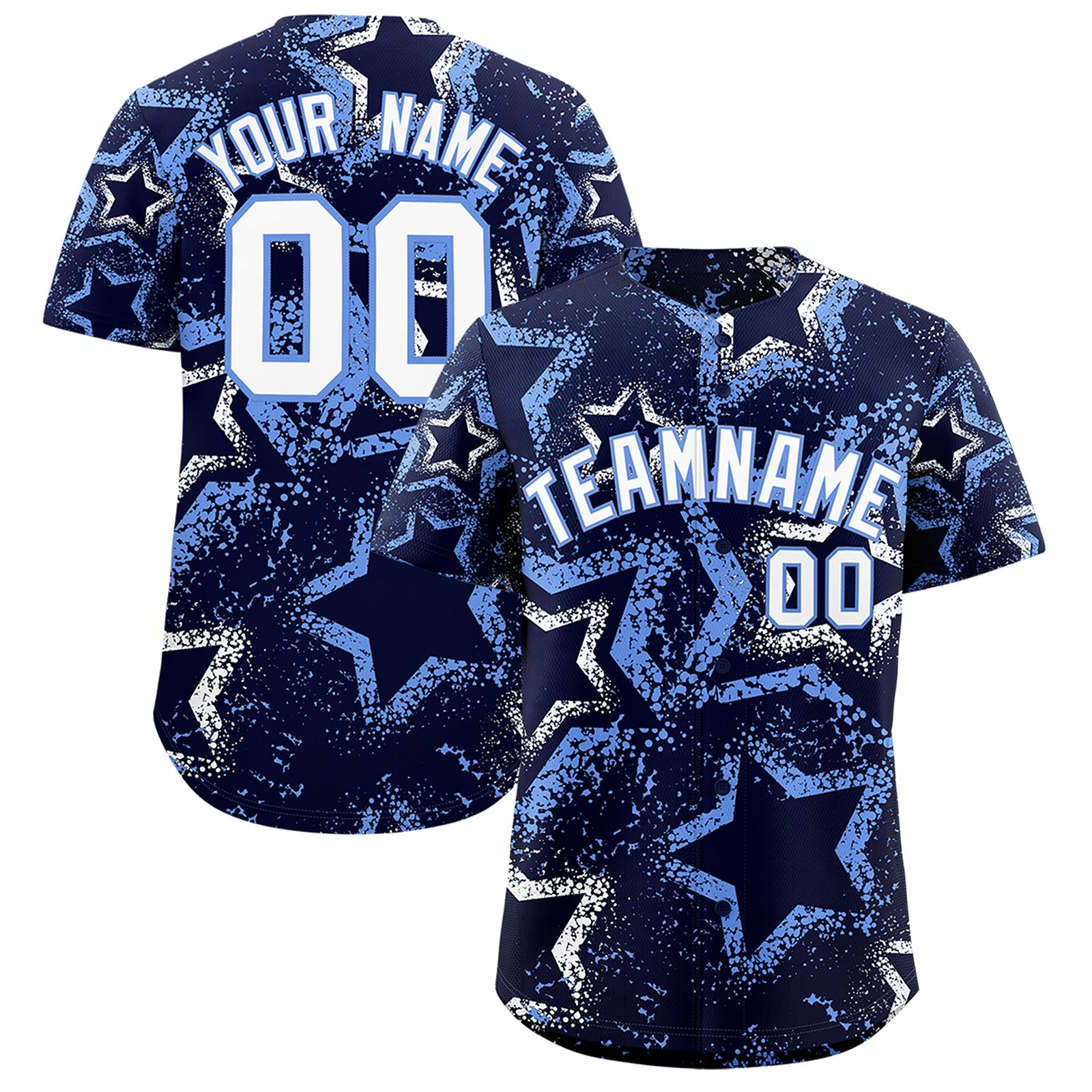 Custom Navy White Light Blue Star-Shaped Ink Texture Graffiti Pattern Baseball Jersey | Sublimation Printed & Stitched,Add Name and Numbern,Perfect for Parties,Perfect for Training | KXKSHOP