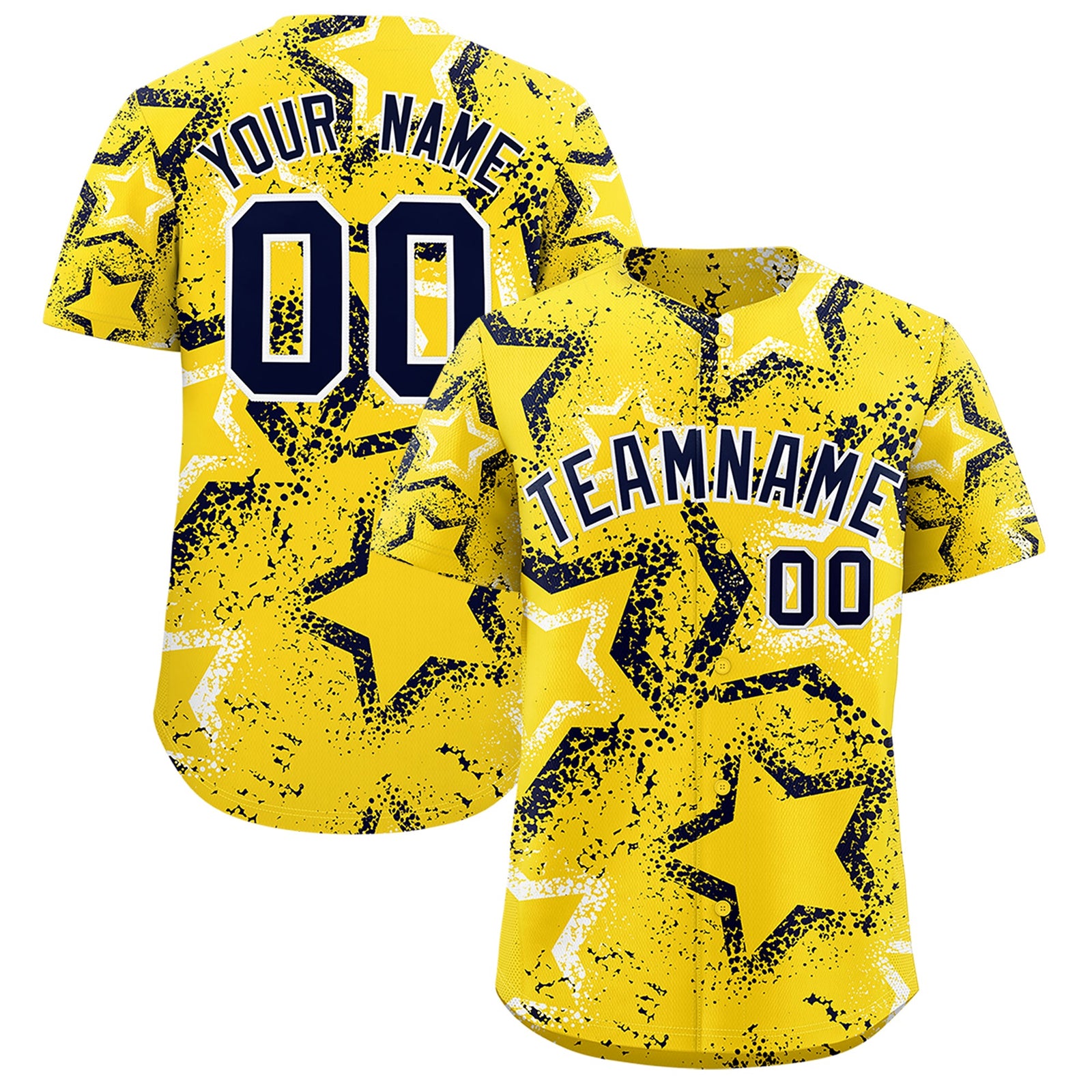 Custom Gold White Navy Star-Shaped Ink Texture Graffiti Pattern Baseball Jersey | Sublimation Printed & Stitched,Add Name and Numbern,Perfect for Parties,Perfect for Training | KXKSHOP