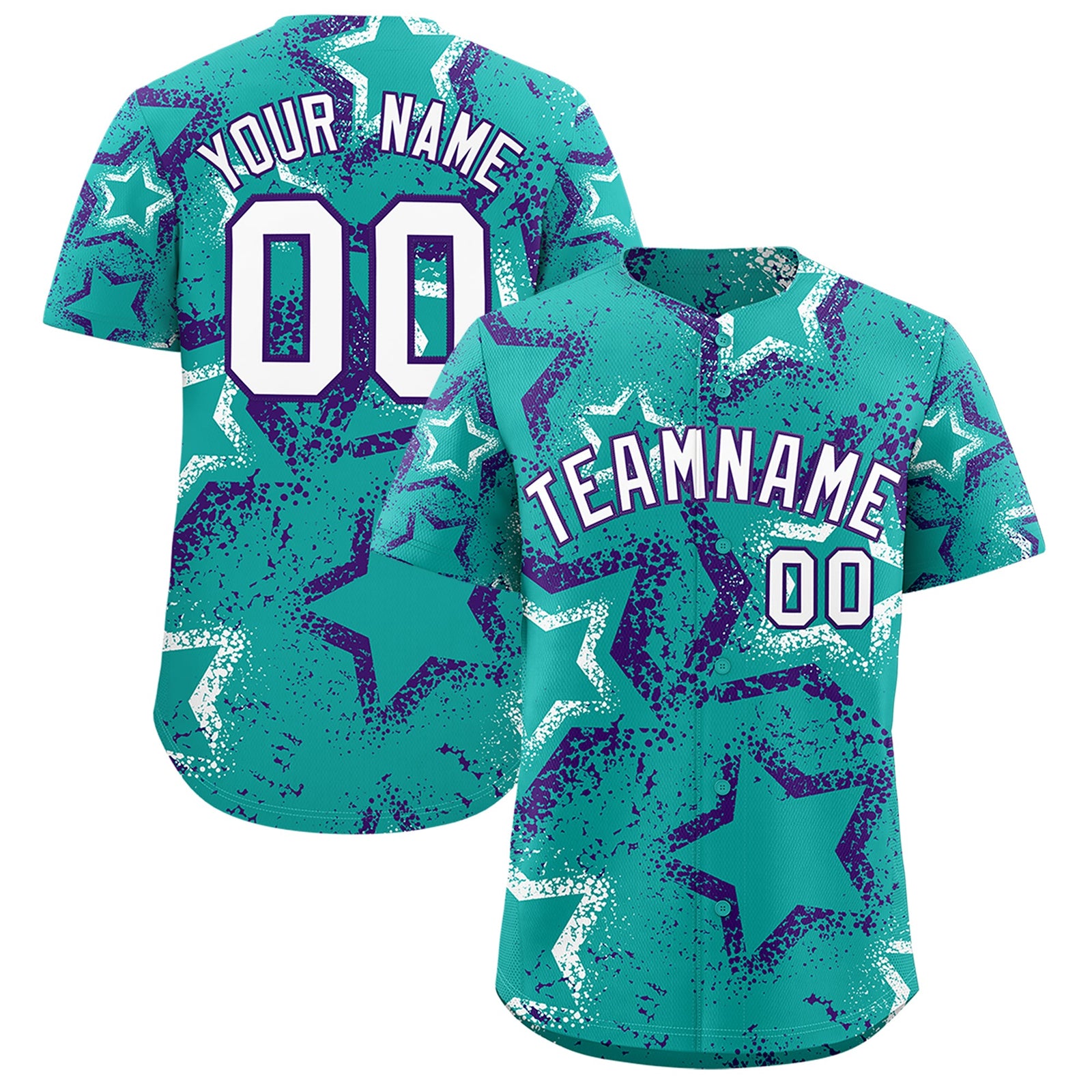 Custom Aqua White Purple Star-Shaped Ink Texture Graffiti Pattern Baseball Jersey | Sublimation Printed & Stitched,Add Name and Numbern,Perfect for Parties,Perfect for Training | KXKSHOP
