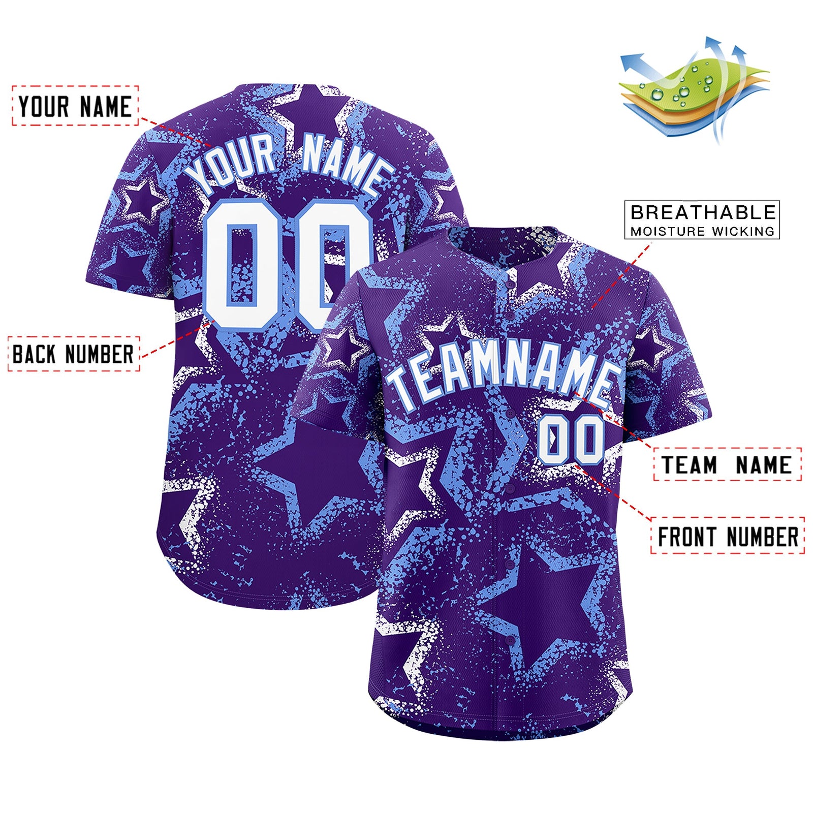 Custom Purple White Light Blue Star-Shaped Ink Texture Graffiti Pattern Baseball Jersey | Sublimation Printed & Stitched,Add Name and Numbern,Perfect for Parties,Perfect for Training | KXKSHOP