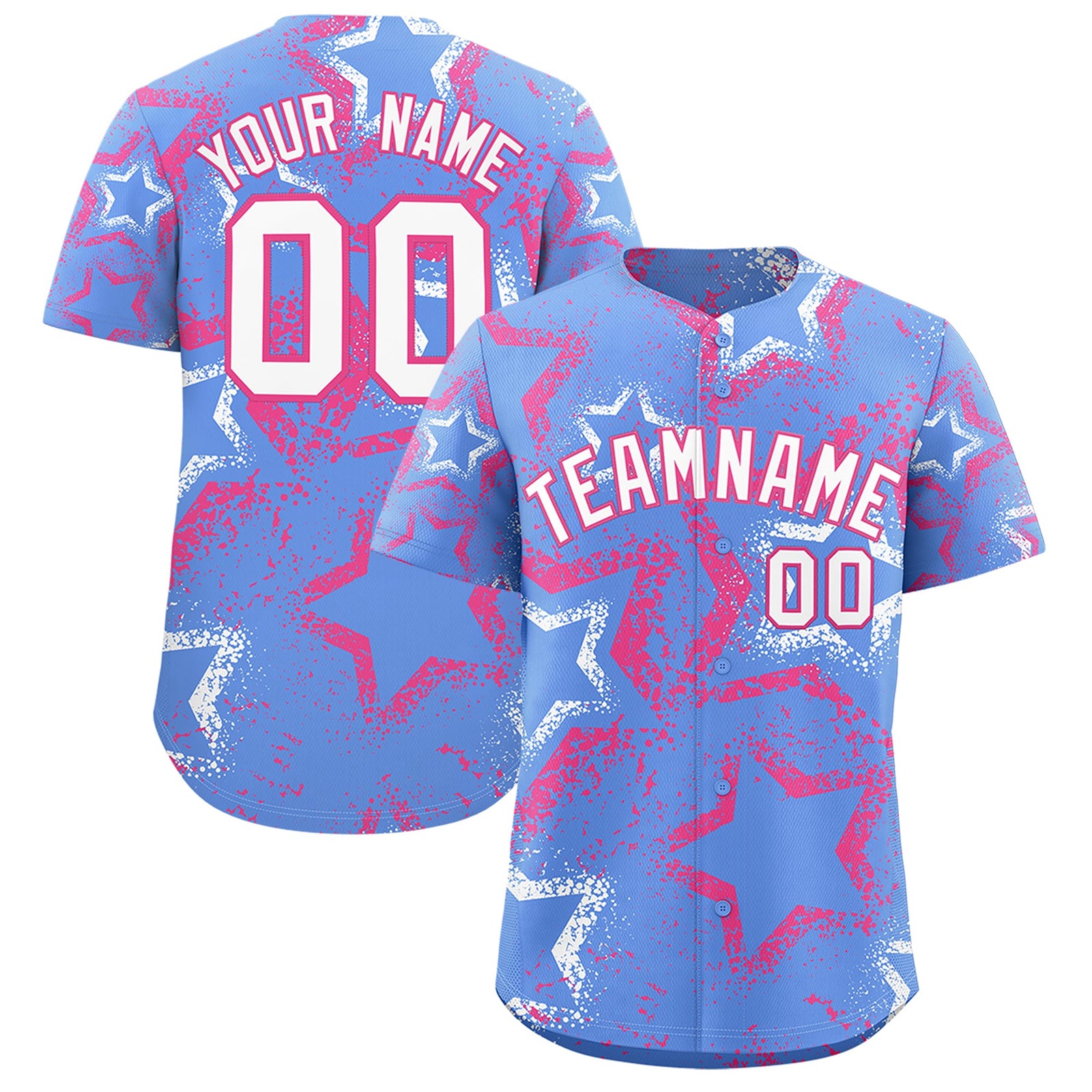 Custom Light Blue White Pink Star-Shaped Ink Texture Graffiti Pattern Baseball Jersey | Sublimation Printed & Stitched,Add Name and Numbern,Perfect for Parties,Perfect for Training | KXKSHOP