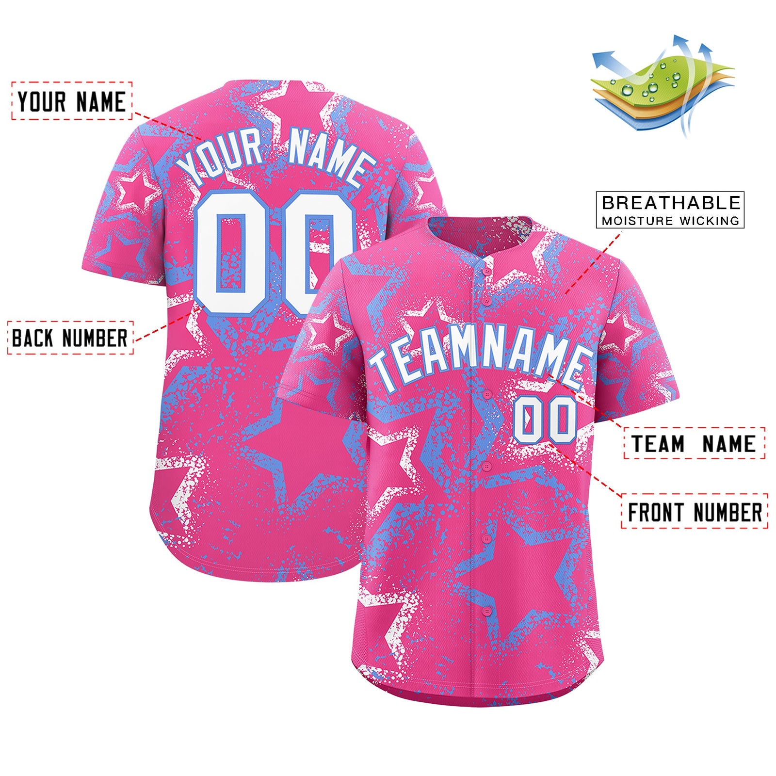 Custom Pink White Light Blue Star-Shaped Ink Texture Graffiti Pattern Baseball Jersey | Sublimation Printed & Stitched,Add Name and Numbern,Perfect for Parties,Perfect for Training | KXKSHOP