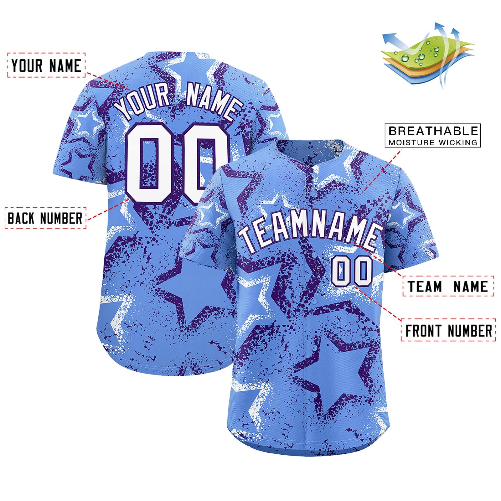 Custom Light Blue White Purple Star-Shaped Ink Texture Graffiti Pattern Baseball Jersey | Sublimation Printed & Stitched,Add Name and Numbern,Perfect for Parties,Perfect for Training | KXKSHOP