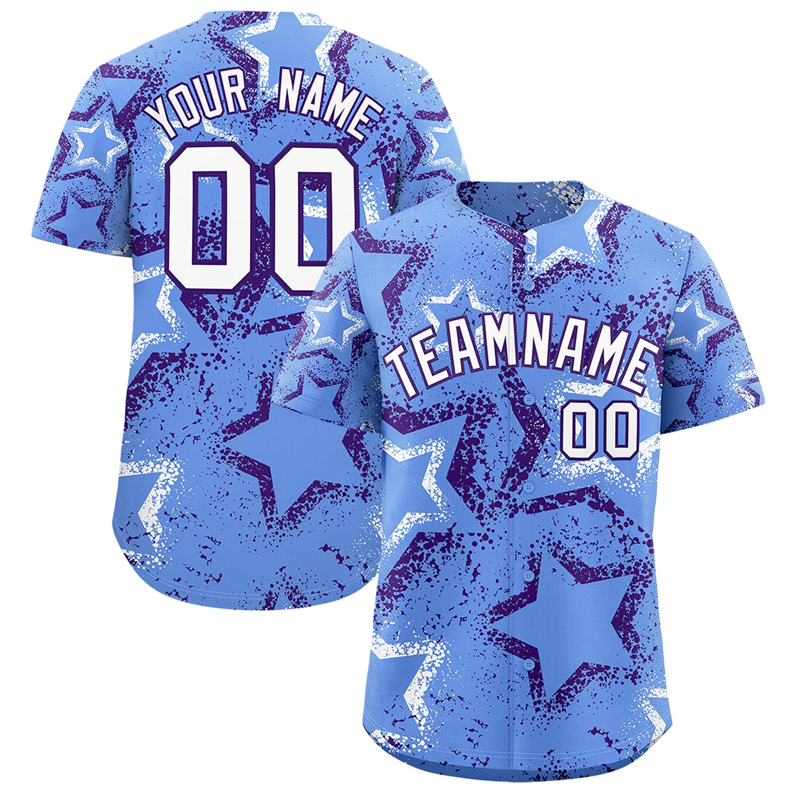 Custom Light Blue White Purple Star-Shaped Ink Texture Graffiti Pattern Baseball Jersey | Sublimation Printed & Stitched,Add Name and Numbern,Perfect for Parties,Perfect for Training | KXKSHOP