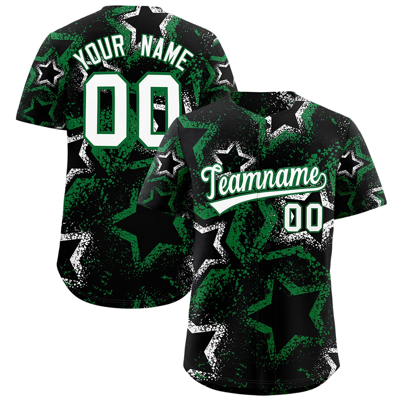 Custom Black White Kelly Green Star-Shaped Ink Texture Graffiti Pattern Baseball Jersey | Sublimation Printed & Stitched,Add Name and Numbern,Perfect for Parties,Perfect for Training | KXKSHOP