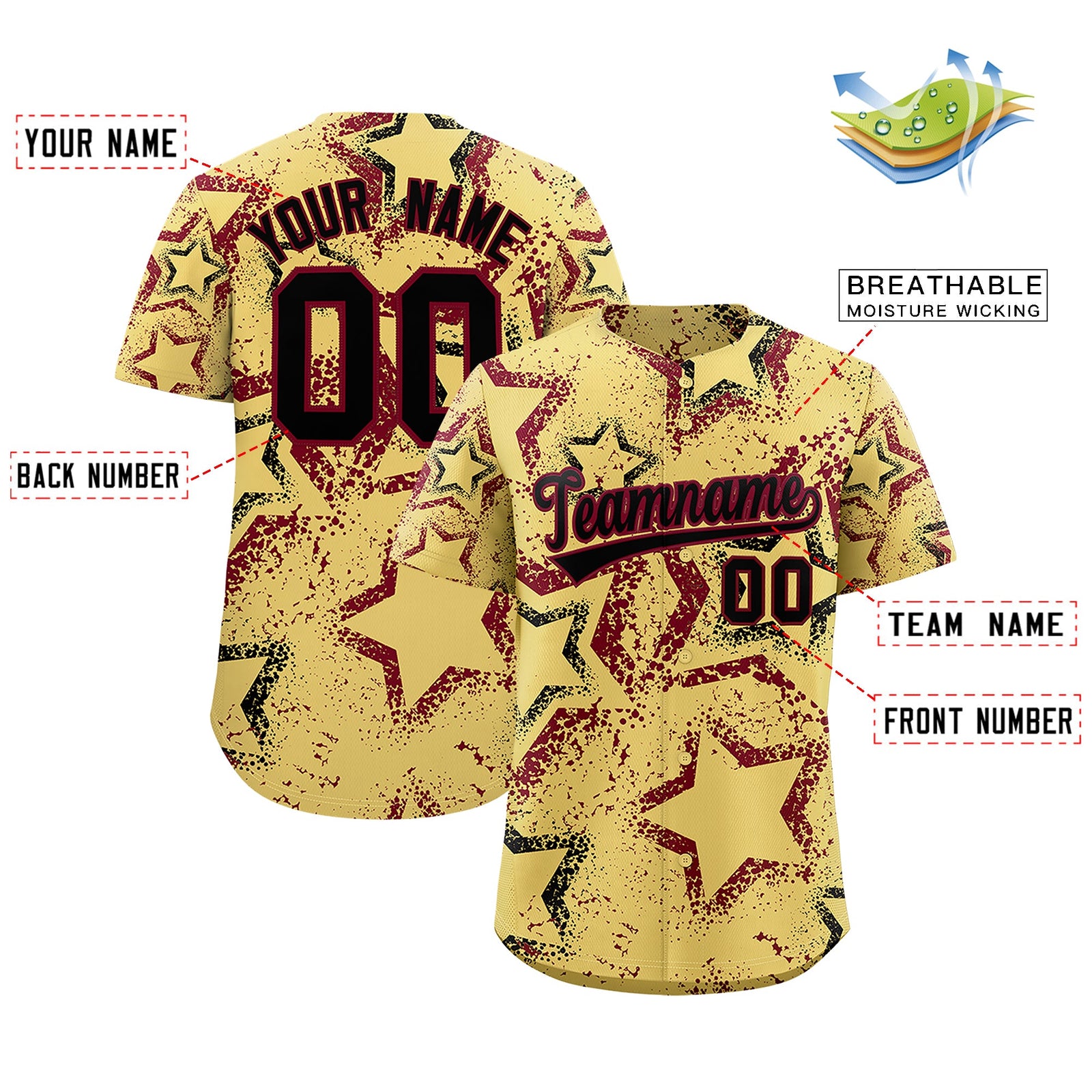 Custom Khaki Black Crimson Star-Shaped Ink Texture Graffiti Pattern Baseball Jersey | Sublimation Printed & Stitched,Add Name and Numbern,Perfect for Parties,Perfect for Training | KXKSHOP