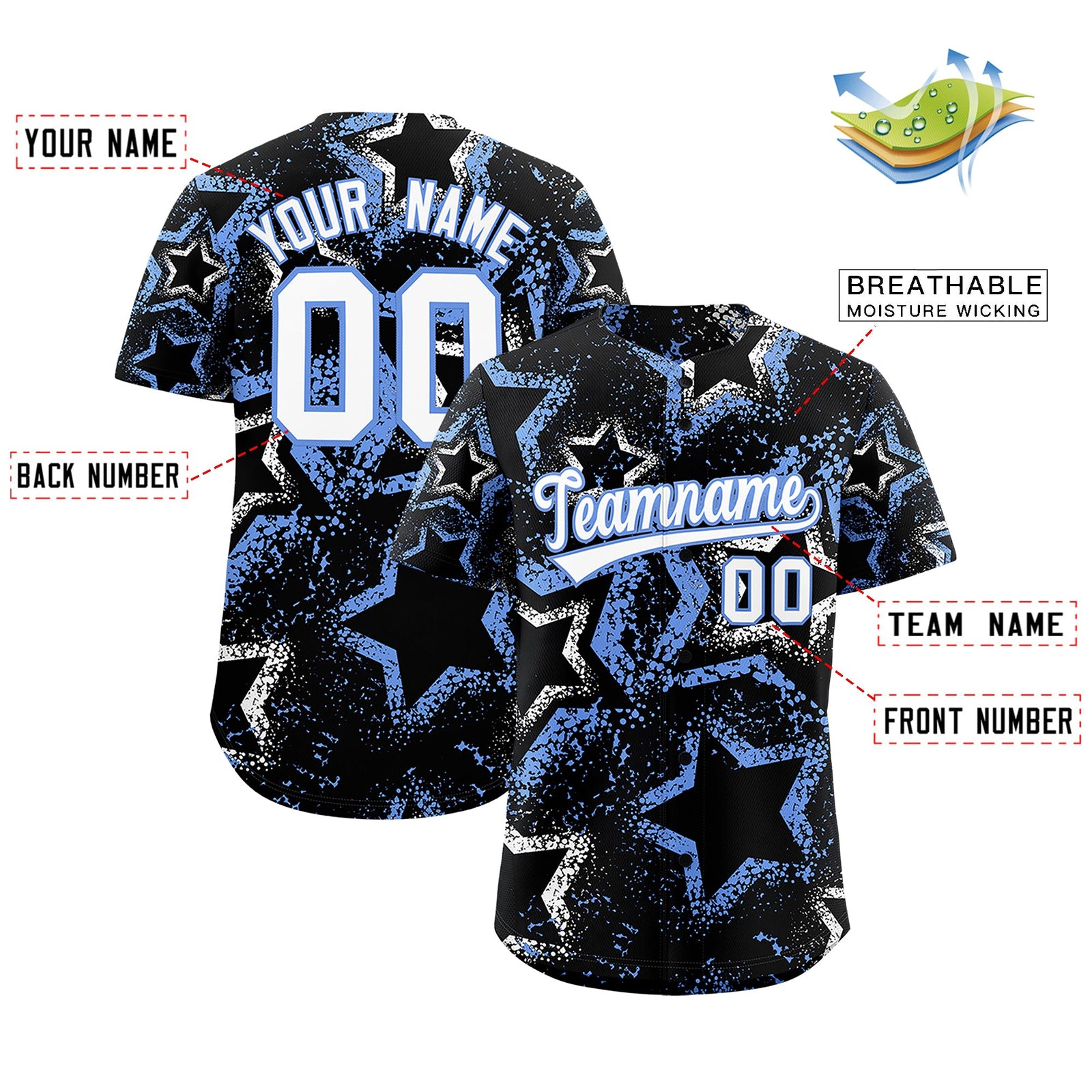 Custom Black White Light Blue Star-Shaped Ink Texture Graffiti Pattern Baseball Jersey | Sublimation Printed & Stitched,Add Name and Numbern,Perfect for Parties,Perfect for Training | KXKSHOP