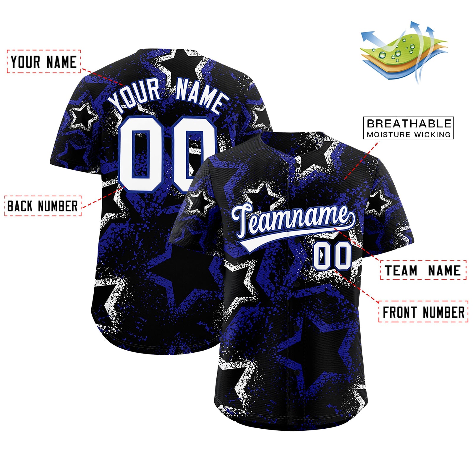 Custom Black White Royal Blue Star-Shaped Ink Texture Graffiti Pattern Baseball Jersey | Sublimation Printed & Stitched,Add Name and Numbern,Perfect for Parties,Perfect for Training | KXKSHOP