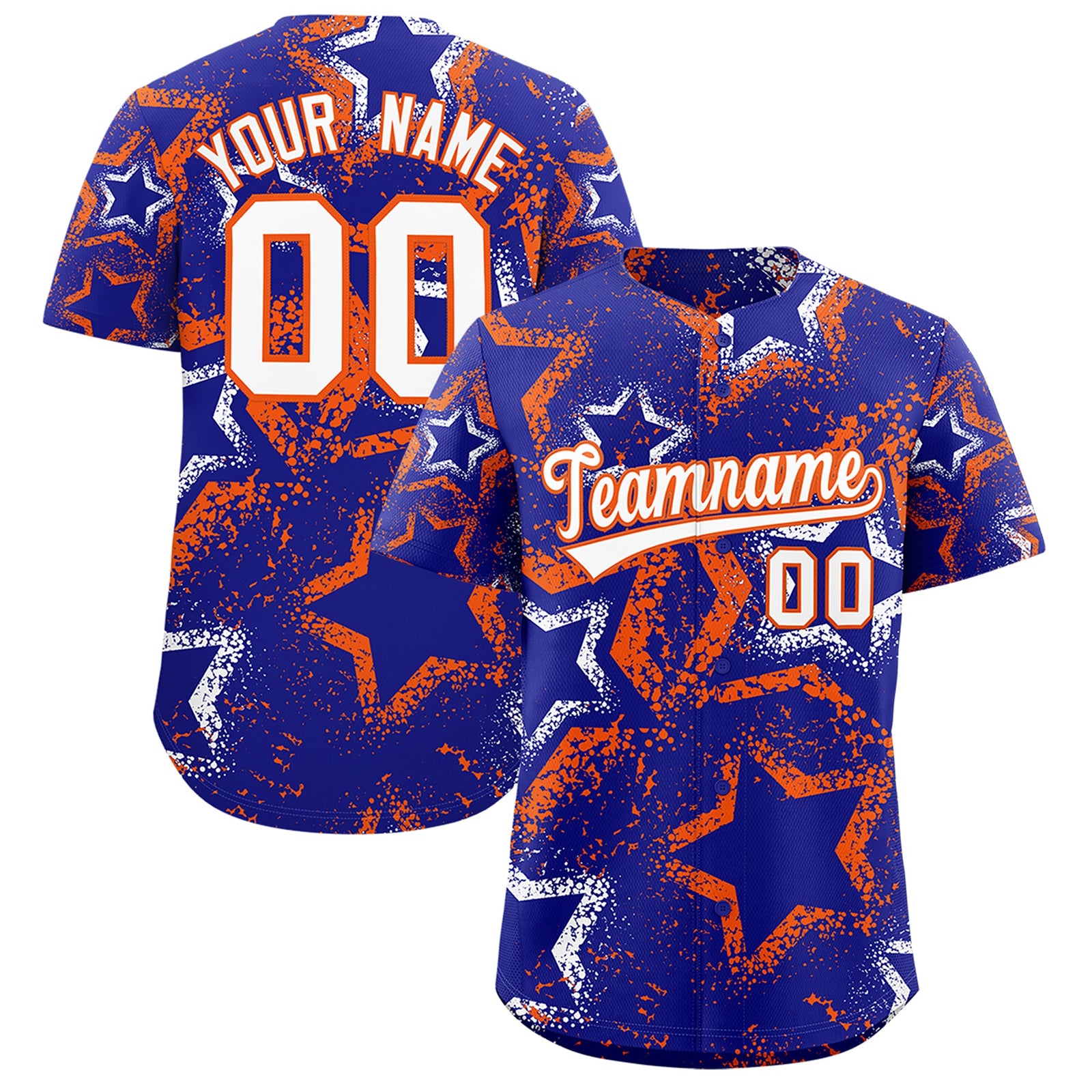 Custom Royal Blue White Orange Star-Shaped Ink Texture Graffiti Pattern Baseball Jersey | Sublimation Printed & Stitched,Add Name and Numbern,Perfect for Parties,Perfect for Training | KXKSHOP