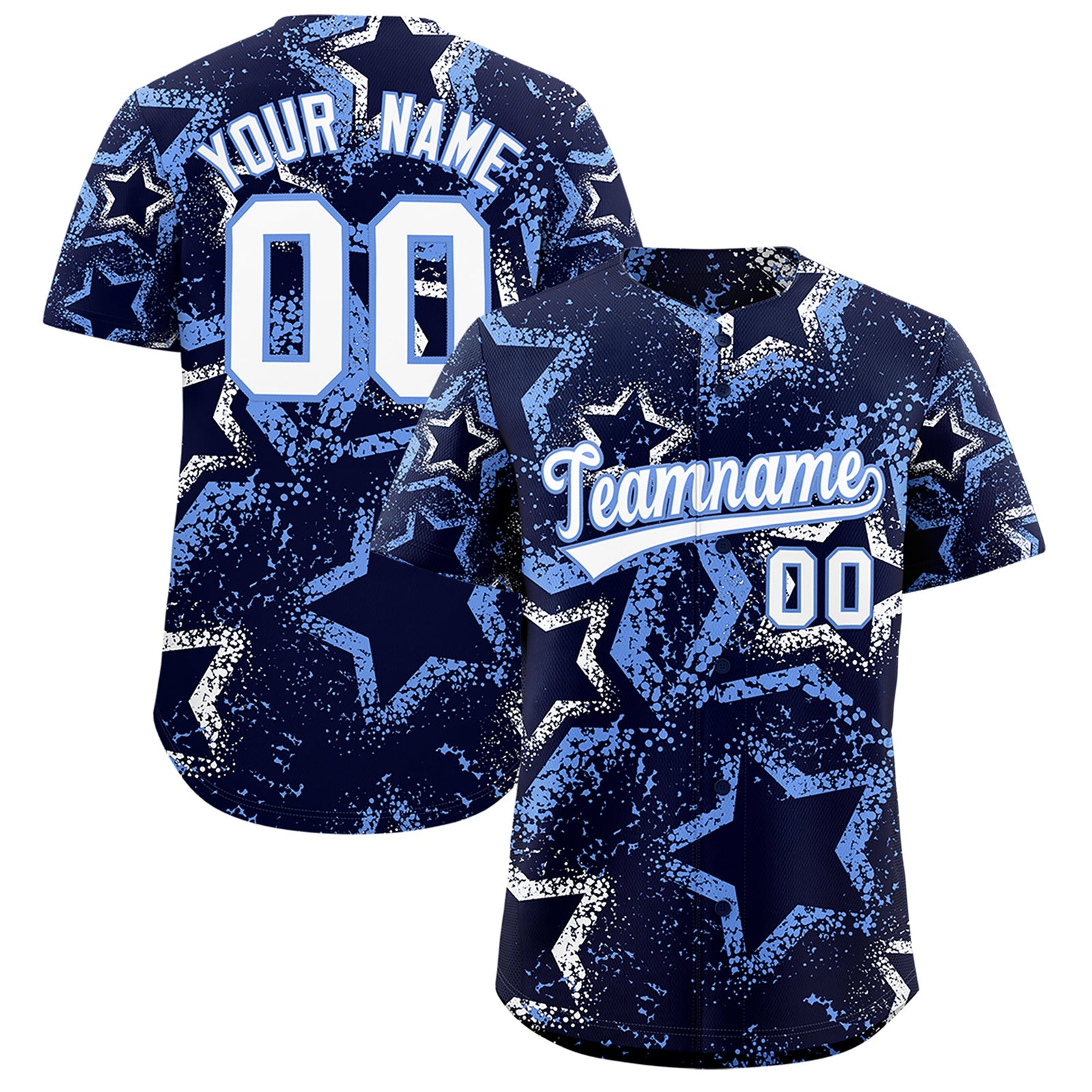 Custom Navy White Light Blue Star-Shaped Ink Texture Graffiti Pattern Baseball Jersey | Sublimation Printed & Stitched,Add Name and Numbern,Perfect for Parties,Perfect for Training | KXKSHOP
