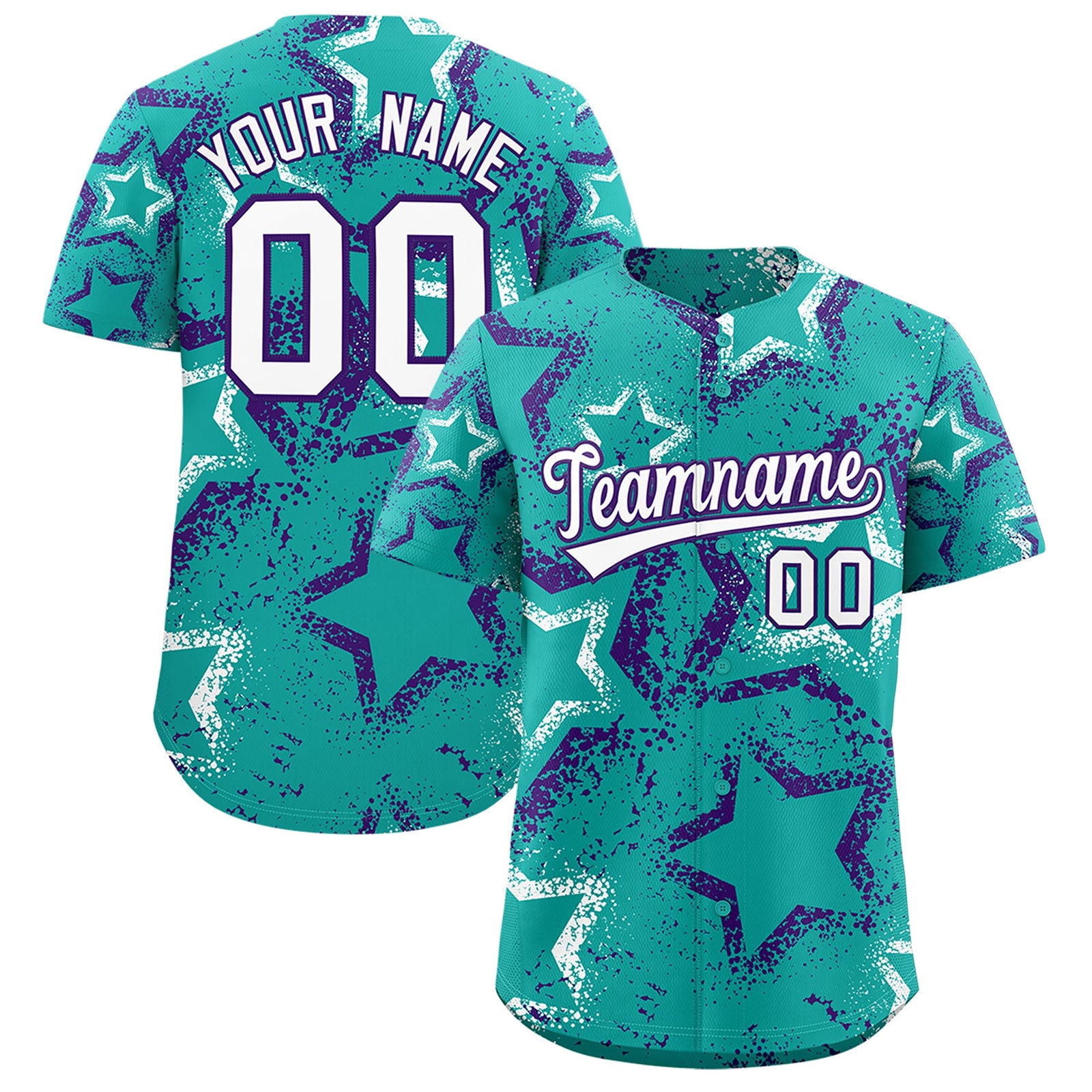 Custom Aqua White Purple Star-Shaped Ink Texture Graffiti Pattern Baseball Jersey | Sublimation Printed & Stitched,Add Name and Numbern,Perfect for Parties,Perfect for Training | KXKSHOP