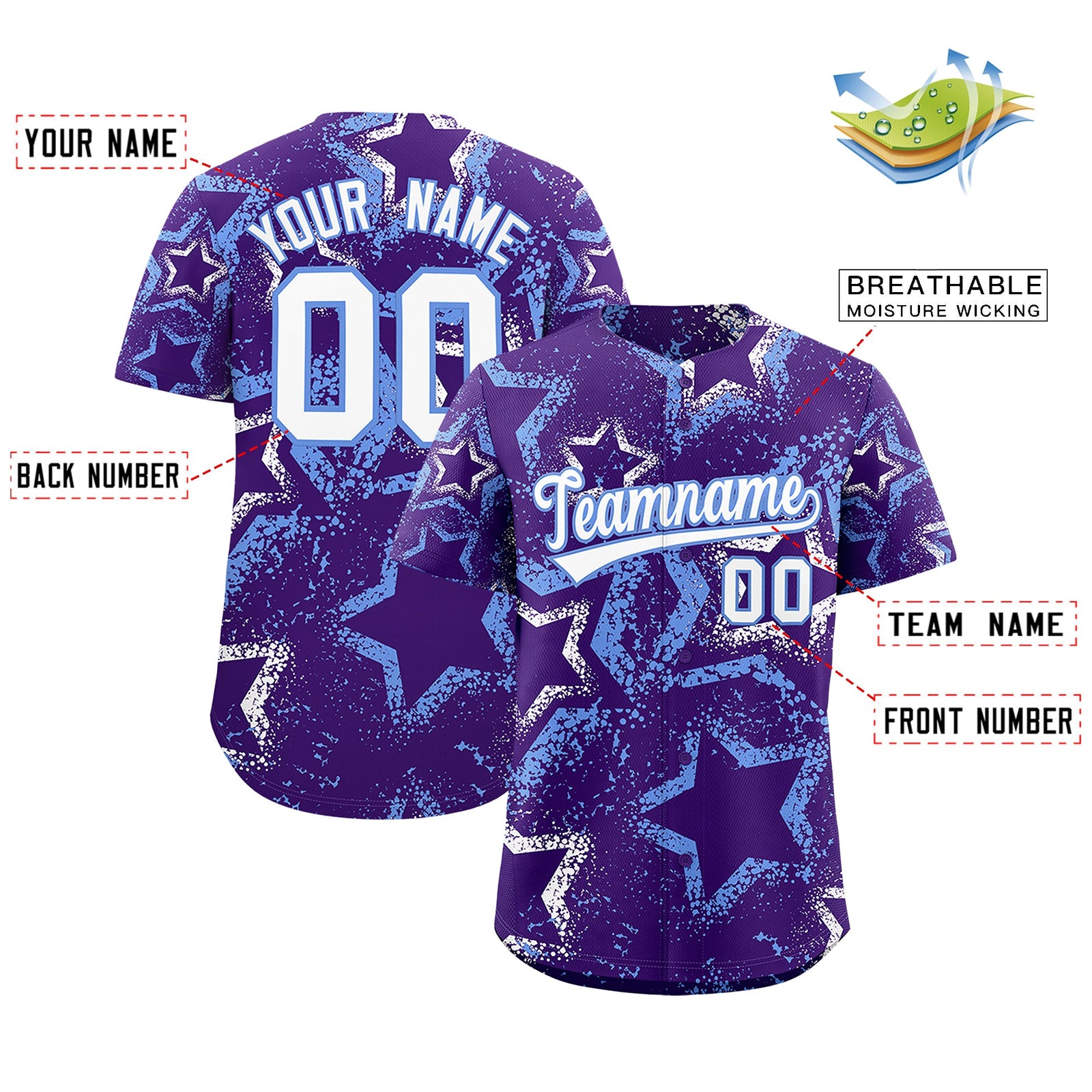 Custom Purple White Light Blue Star-Shaped Ink Texture Graffiti Pattern Baseball Jersey | Sublimation Printed & Stitched,Add Name and Numbern,Perfect for Parties,Perfect for Training | KXKSHOP