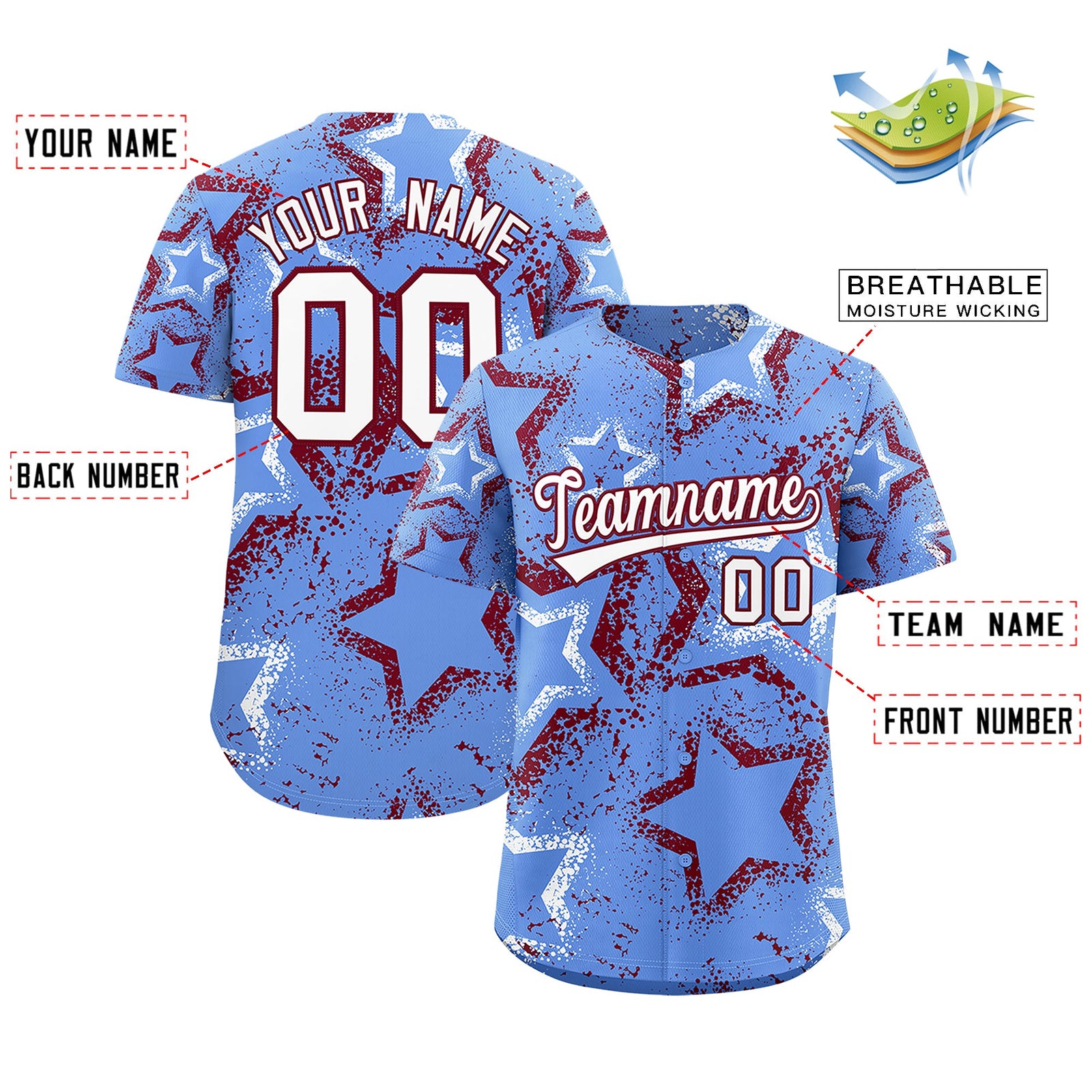 Custom Light Blue White Crimson Star-Shaped Ink Texture Graffiti Pattern Baseball Jersey | Sublimation Printed & Stitched,Add Name and Numbern,Perfect for Parties,Perfect for Training | KXKSHOP
