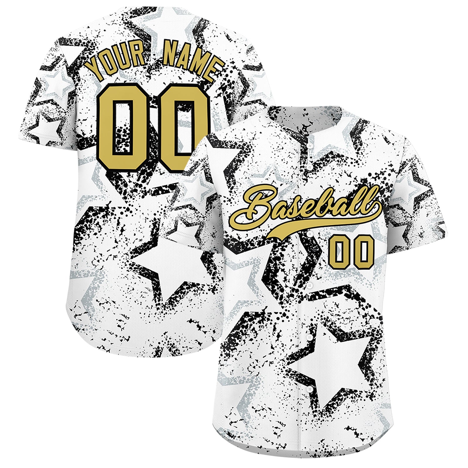 Custom White Silver Old Gold Star-Shaped Ink Texture Graffiti Pattern Baseball Jersey | Sublimation Printed & Stitched,Add Name and Numbern,Perfect for Parties,Perfect for Training | KXKSHOP