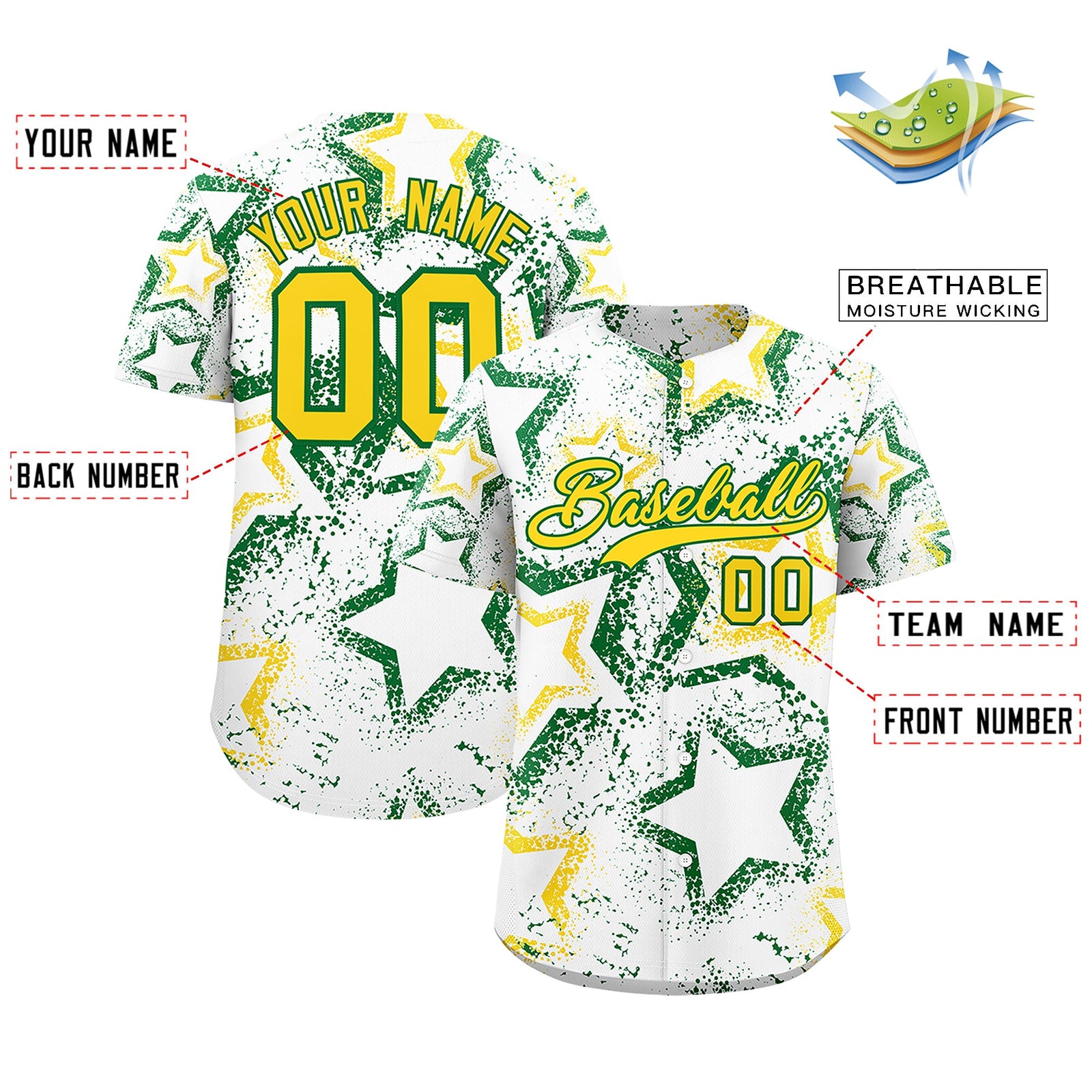 Custom White Kelly Green Gold Star-Shaped Ink Texture Graffiti Pattern Baseball Jersey | Sublimation Printed & Stitched,Add Name and Numbern,Perfect for Parties,Perfect for Training | KXKSHOP