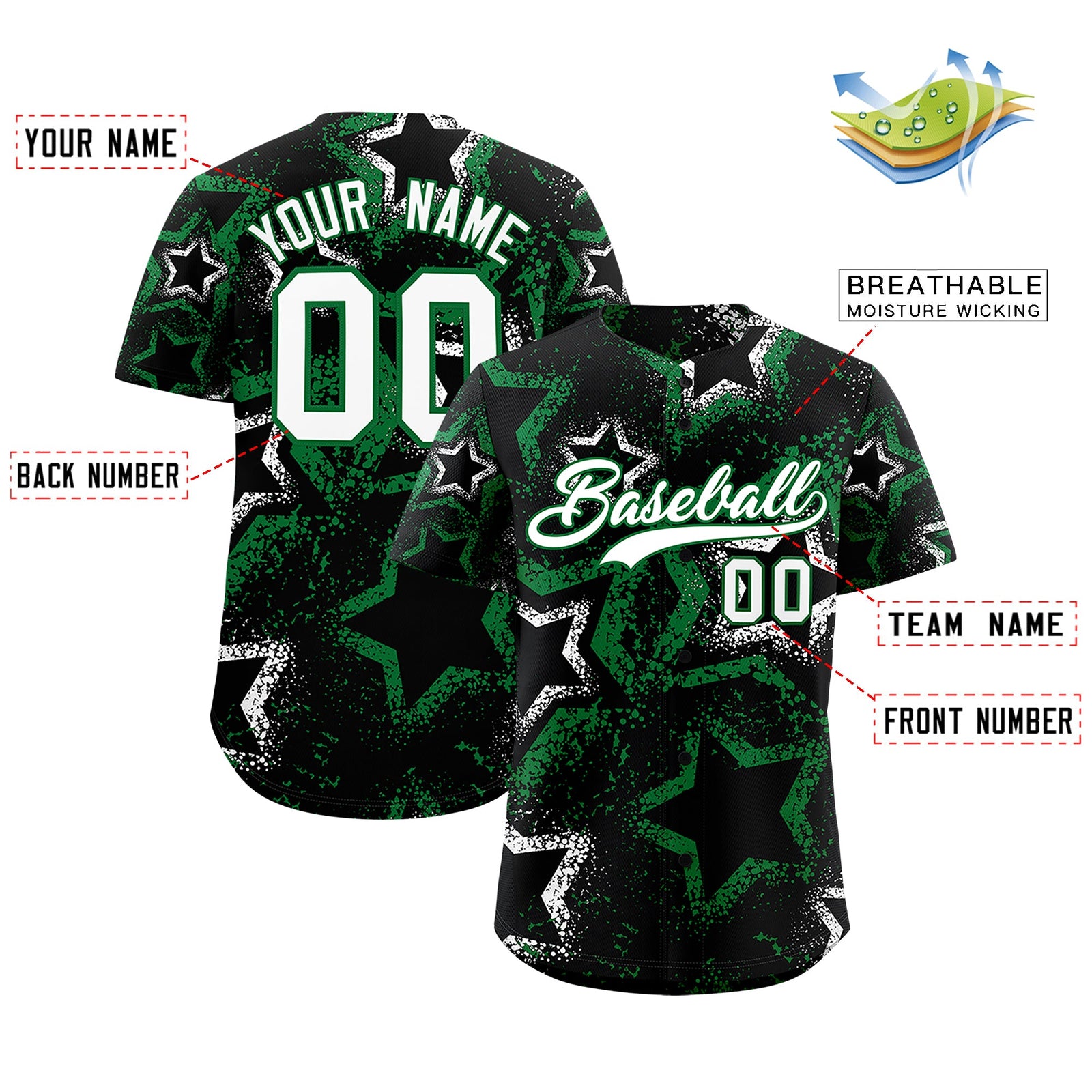 Custom Black White Kelly Green Star-Shaped Ink Texture Graffiti Pattern Baseball Jersey | Sublimation Printed & Stitched,Add Name and Numbern,Perfect for Parties,Perfect for Training | KXKSHOP