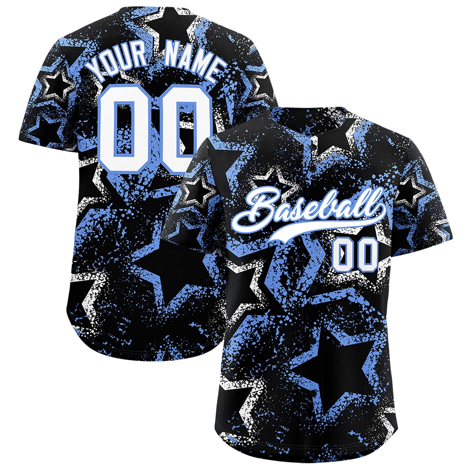 Custom Black White Light Blue Star-Shaped Ink Texture Graffiti Pattern Baseball Jersey | Sublimation Printed & Stitched,Add Name and Numbern,Perfect for Parties,Perfect for Training | KXKSHOP