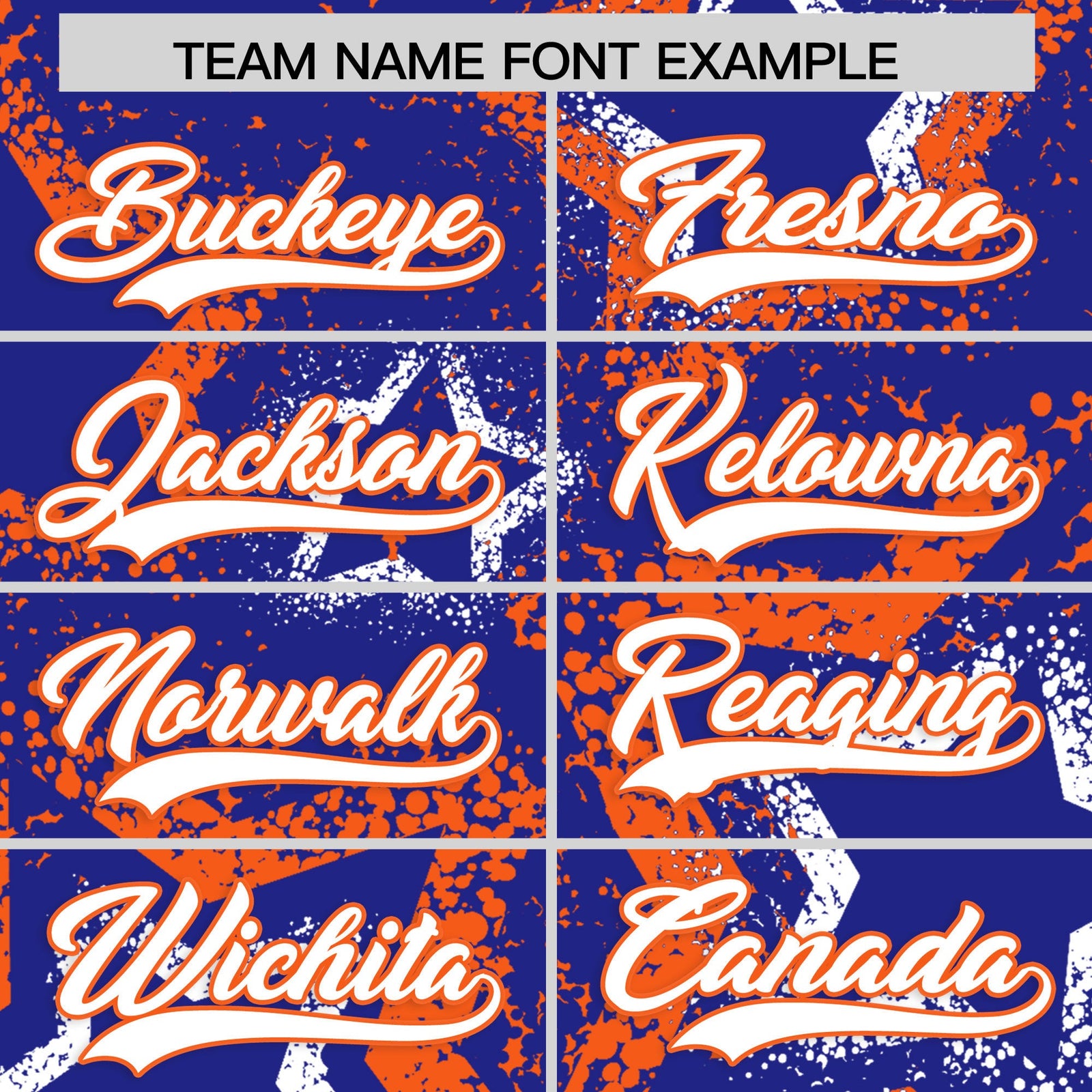 Custom Royal Blue White Orange Star-Shaped Ink Texture Graffiti Pattern Baseball Jersey | Sublimation Printed & Stitched,Add Name and Numbern,Perfect for Parties,Perfect for Training | KXKSHOP