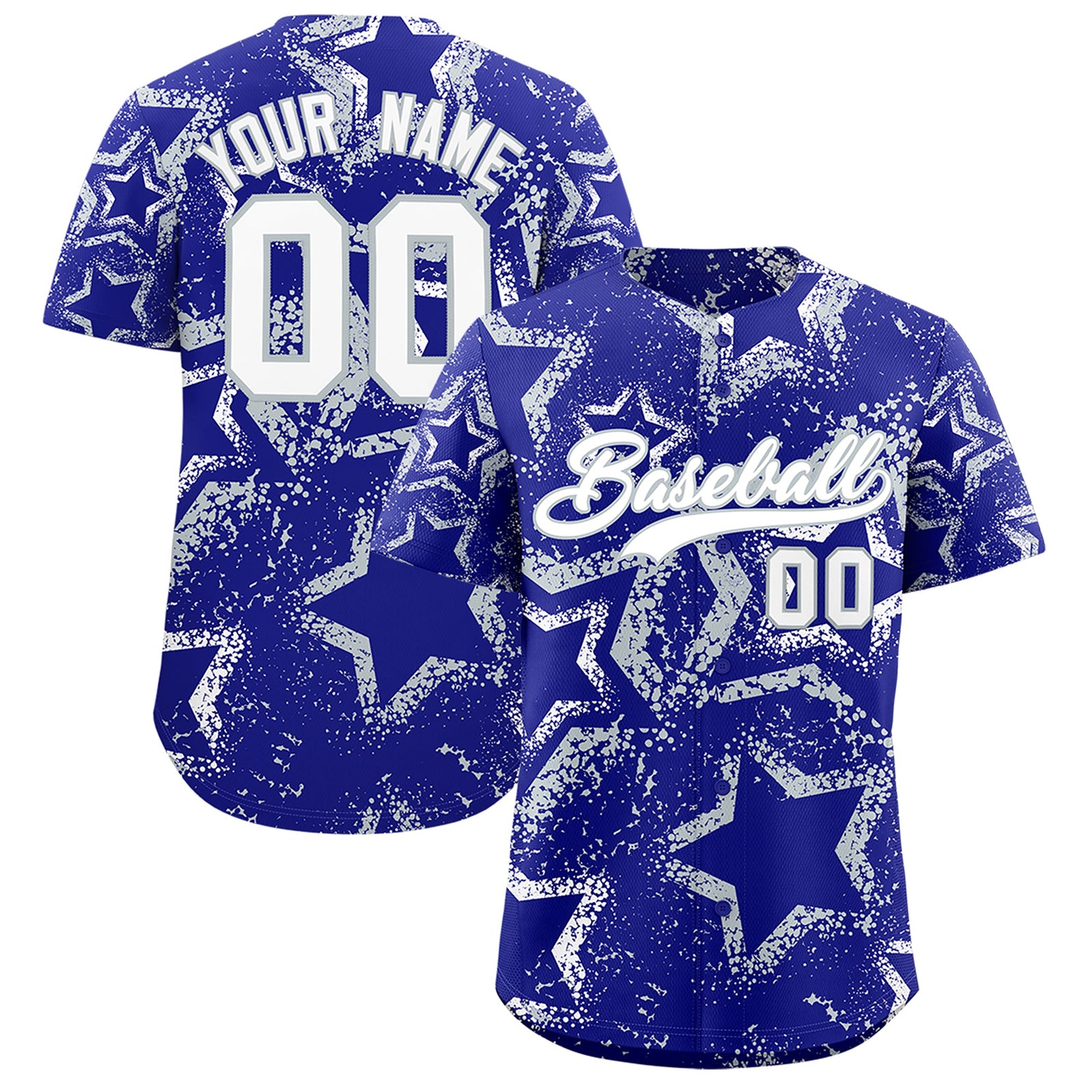 Custom Royal Blue White Silver Star-Shaped Ink Texture Graffiti Pattern Baseball Jersey | Sublimation Printed & Stitched,Add Name and Numbern,Perfect for Parties,Perfect for Training | KXKSHOP
