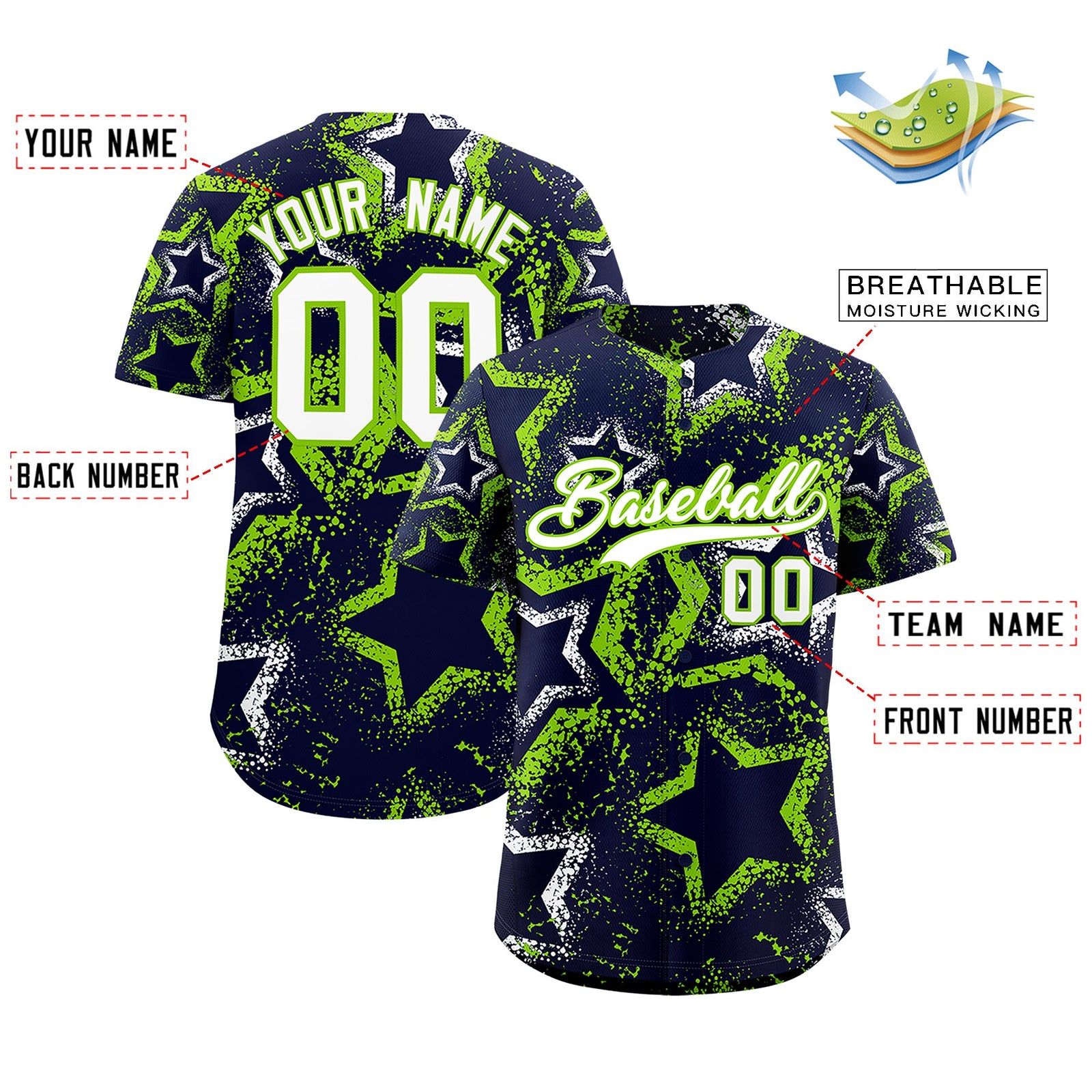 Custom Navy White Neon Green Star-Shaped Ink Texture Graffiti Pattern Baseball Jersey | Sublimation Printed & Stitched,Add Name and Numbern,Perfect for Parties,Perfect for Training | KXKSHOP