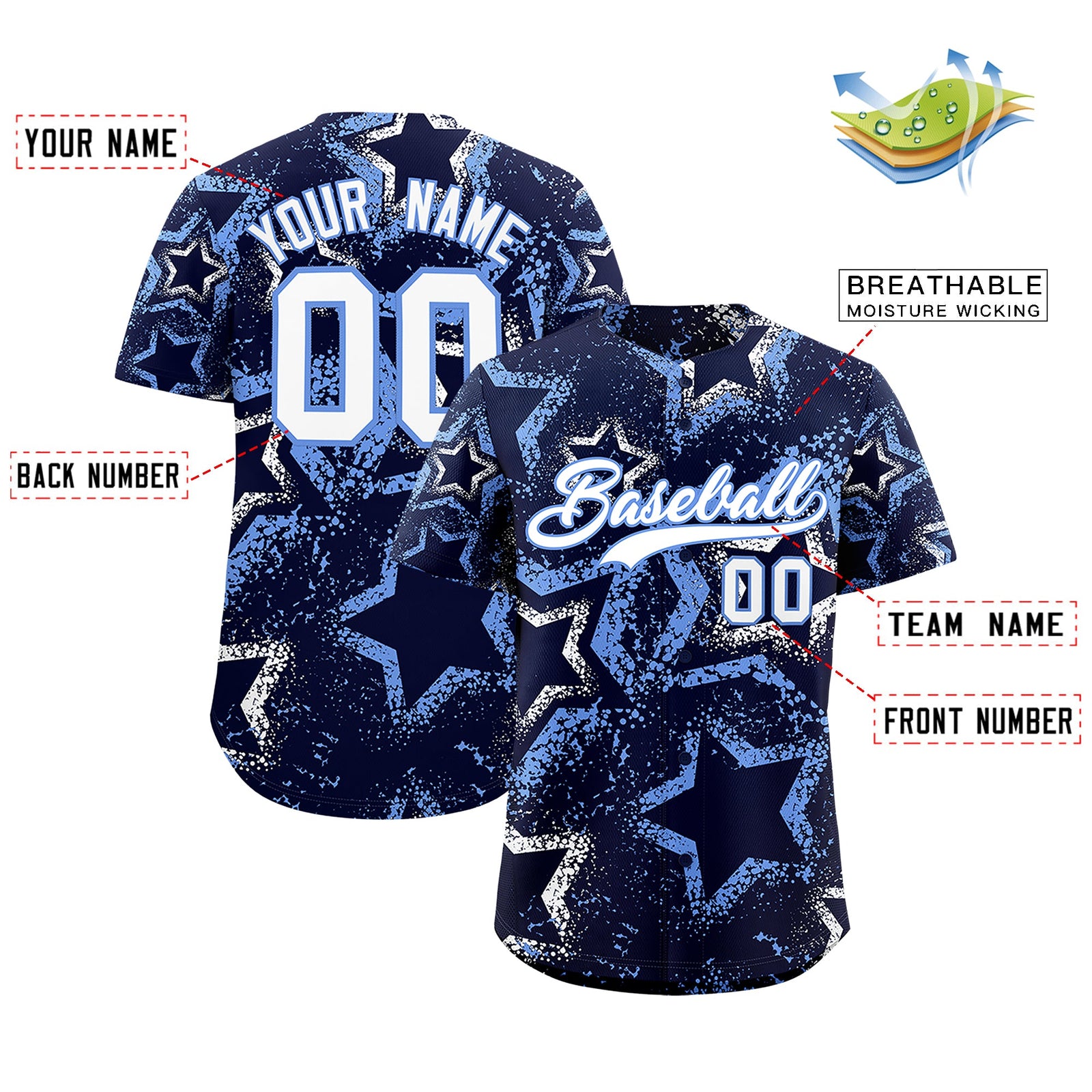 Custom Navy White Light Blue Star-Shaped Ink Texture Graffiti Pattern Baseball Jersey | Sublimation Printed & Stitched,Add Name and Numbern,Perfect for Parties,Perfect for Training | KXKSHOP