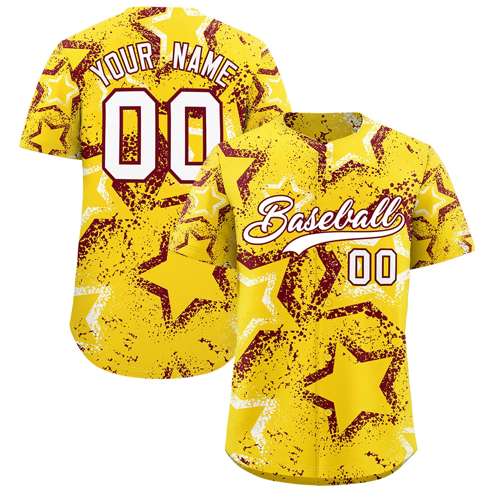 Custom Gold White Crimson Star-Shaped Ink Texture Graffiti Pattern Baseball Jersey | Sublimation Printed & Stitched,Add Name and Numbern,Perfect for Parties,Perfect for Training | KXKSHOP