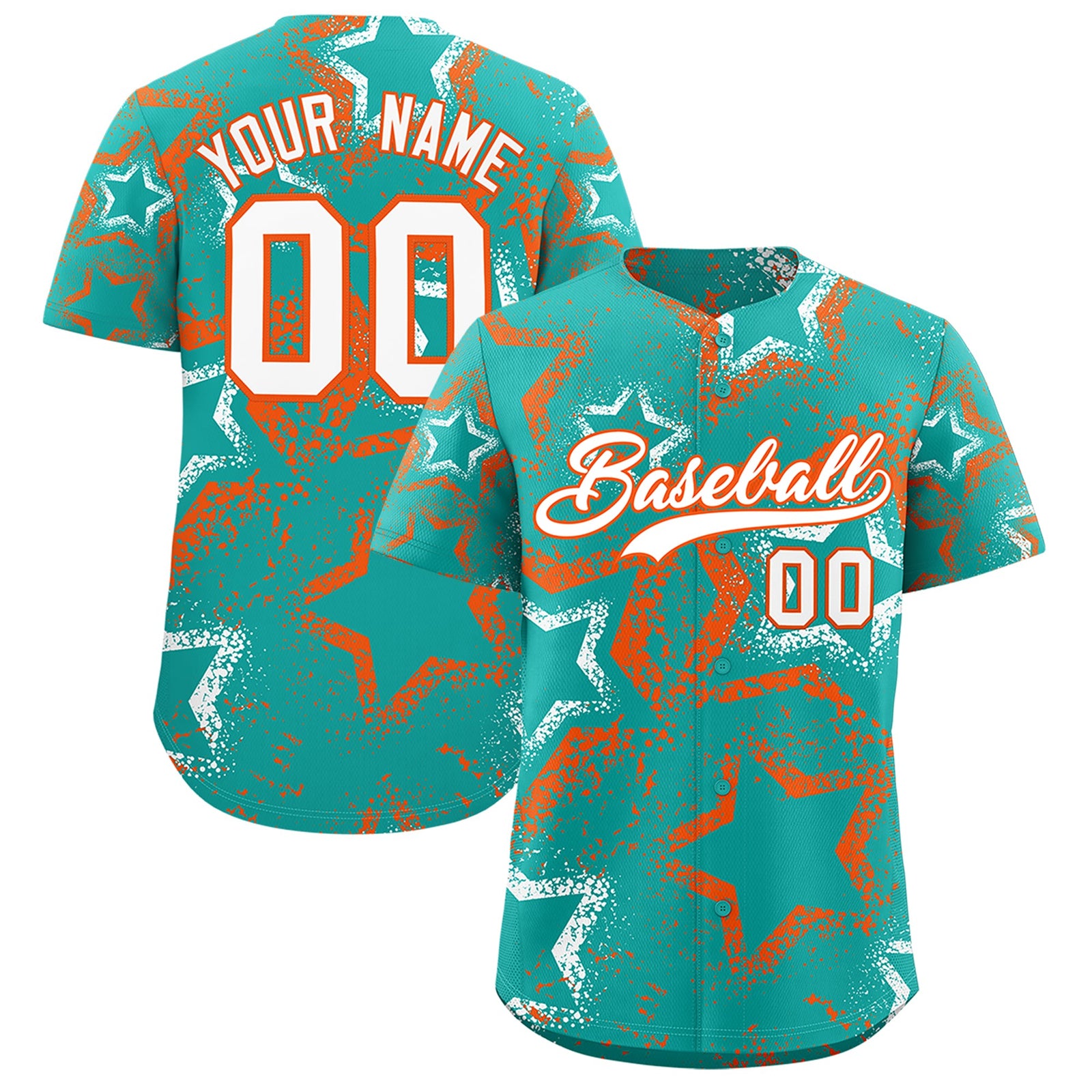 Custom Aqua White Orange Star-Shaped Ink Texture Graffiti Pattern Baseball Jersey | Sublimation Printed & Stitched,Add Name and Numbern,Perfect for Parties,Perfect for Training | KXKSHOP