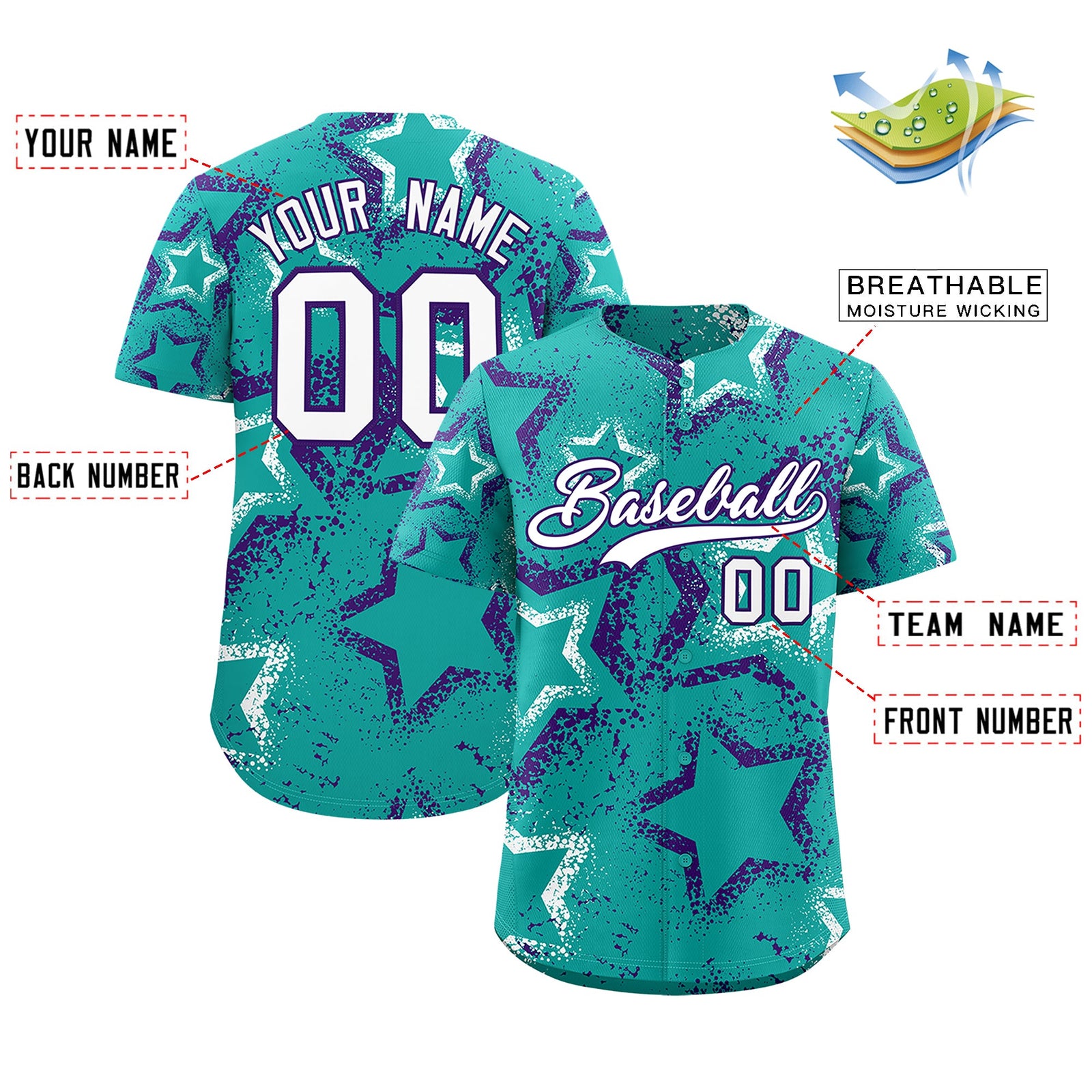 Custom Aqua White Purple Star-Shaped Ink Texture Graffiti Pattern Baseball Jersey | Sublimation Printed & Stitched,Add Name and Numbern,Perfect for Parties,Perfect for Training | KXKSHOP