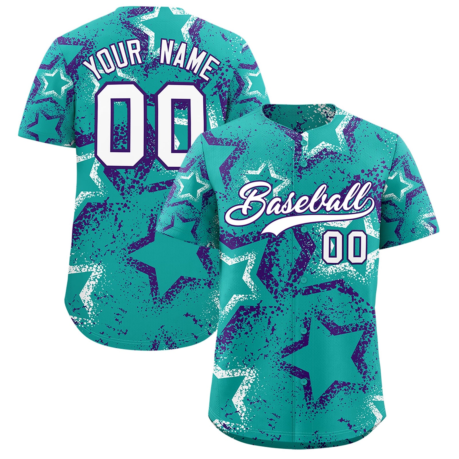 Custom Aqua White Purple Star-Shaped Ink Texture Graffiti Pattern Baseball Jersey | Sublimation Printed & Stitched,Add Name and Numbern,Perfect for Parties,Perfect for Training | KXKSHOP