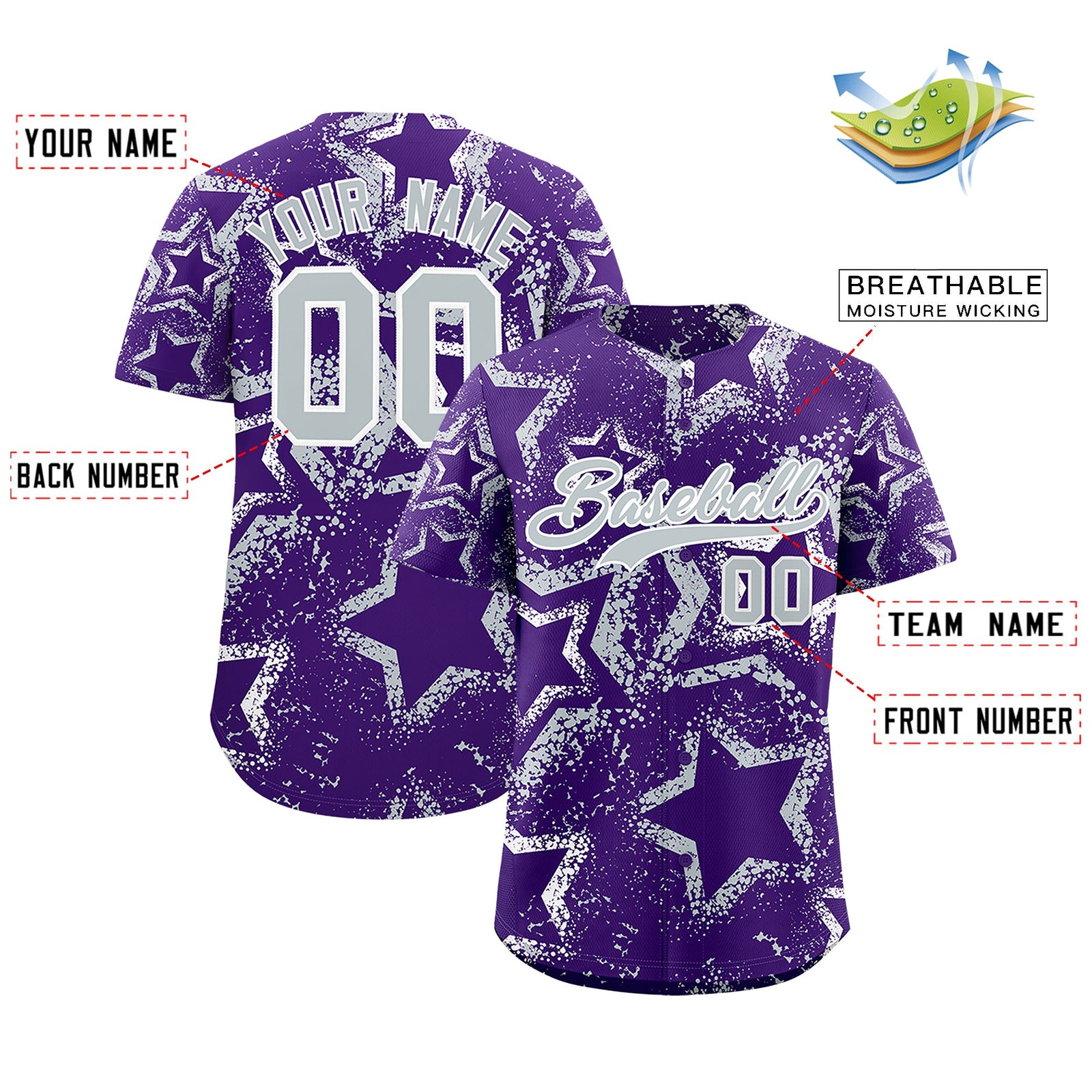 Custom Purple White Silver Star-Shaped Ink Texture Graffiti Pattern Baseball Jersey | Sublimation Printed & Stitched,Add Name and Numbern,Perfect for Parties,Perfect for Training | KXKSHOP