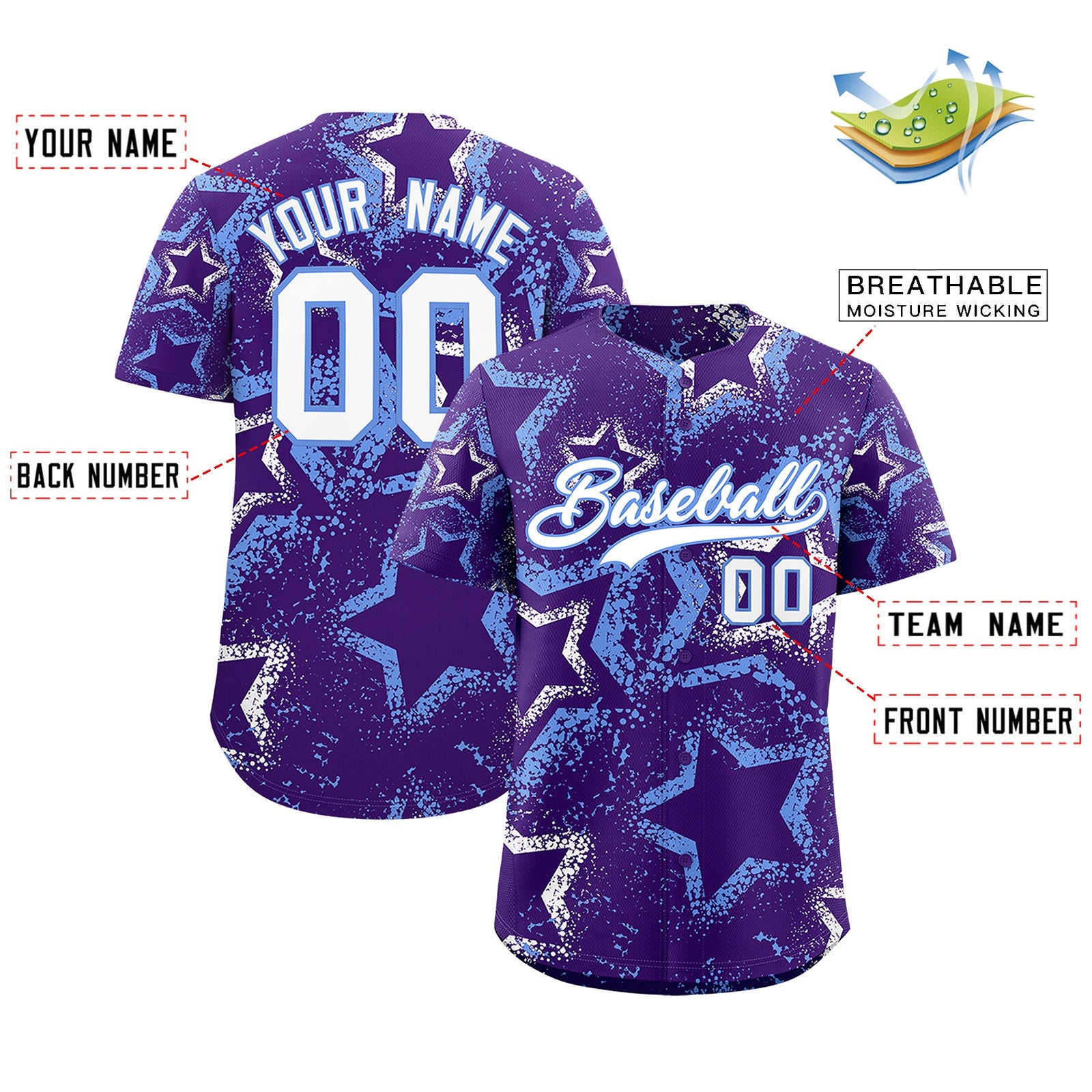 Custom Purple White Light Blue Star-Shaped Ink Texture Graffiti Pattern Baseball Jersey | Sublimation Printed & Stitched,Add Name and Numbern,Perfect for Parties,Perfect for Training | KXKSHOP