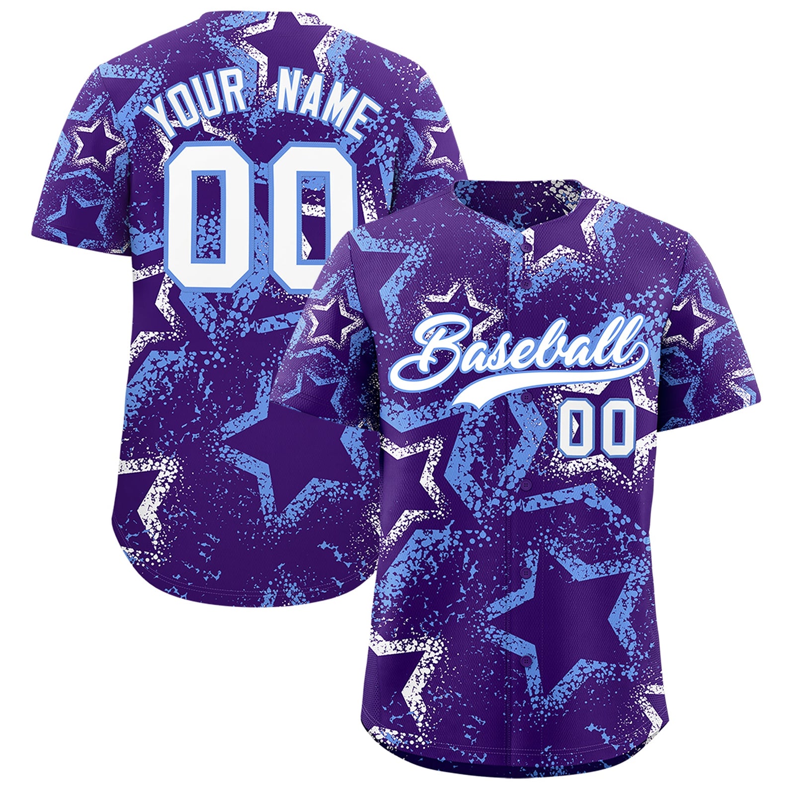 Custom Purple White Light Blue Star-Shaped Ink Texture Graffiti Pattern Baseball Jersey | Sublimation Printed & Stitched,Add Name and Numbern,Perfect for Parties,Perfect for Training | KXKSHOP