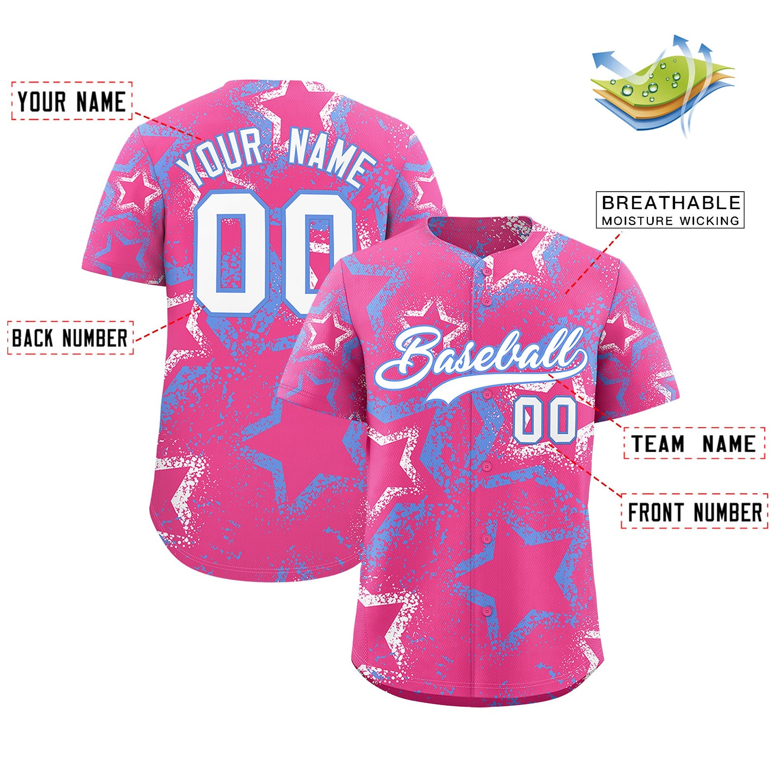 Custom Pink White Light Blue Star-Shaped Ink Texture Graffiti Pattern Baseball Jersey | Sublimation Printed & Stitched,Add Name and Numbern,Perfect for Parties,Perfect for Training | KXKSHOP