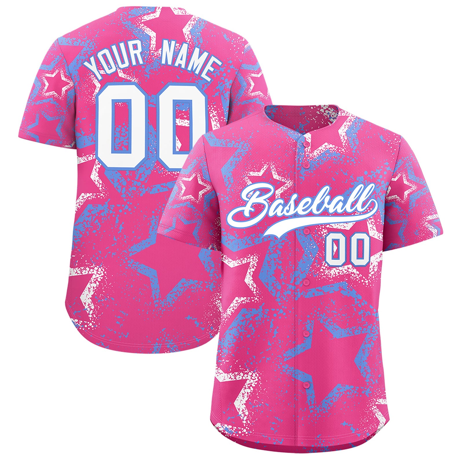 Custom Pink White Light Blue Star-Shaped Ink Texture Graffiti Pattern Baseball Jersey | Sublimation Printed & Stitched,Add Name and Numbern,Perfect for Parties,Perfect for Training | KXKSHOP