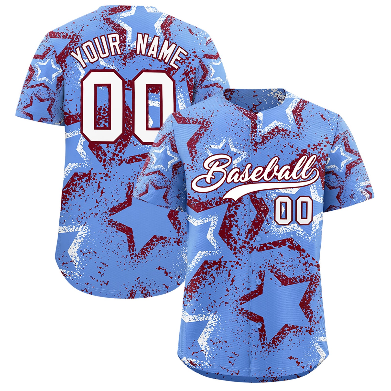 Custom Light Blue White Crimson Star-Shaped Ink Texture Graffiti Pattern Baseball Jersey | Sublimation Printed & Stitched,Add Name and Numbern,Perfect for Parties,Perfect for Training | KXKSHOP