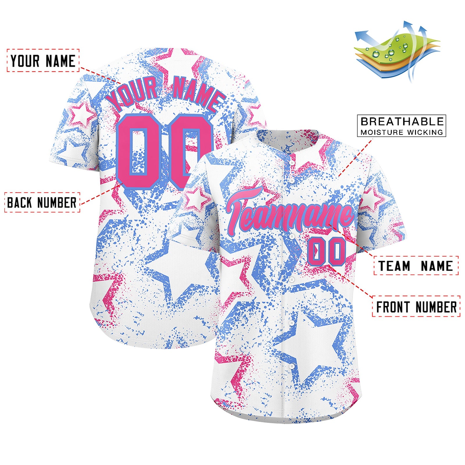 Custom White Light Blue Pink Star-Shaped Ink Texture Graffiti Pattern Baseball Jersey | Sublimation Printed & Stitched,Add Name and Numbern,Perfect for Parties,Perfect for Training | KXKSHOP