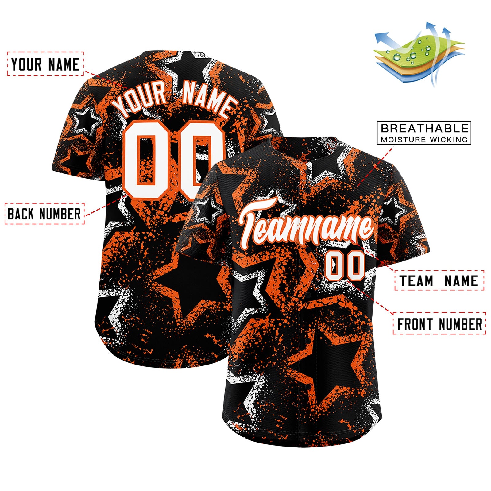 Custom Black White Orange Star-Shaped Ink Texture Graffiti Pattern Baseball Jersey | Sublimation Printed & Stitched,Add Name and Numbern,Perfect for Parties,Perfect for Training | KXKSHOP
