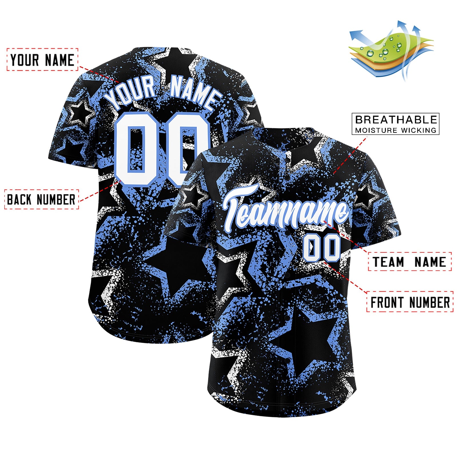 Custom Black White Light Blue Star-Shaped Ink Texture Graffiti Pattern Baseball Jersey | Sublimation Printed & Stitched,Add Name and Numbern,Perfect for Parties,Perfect for Training | KXKSHOP
