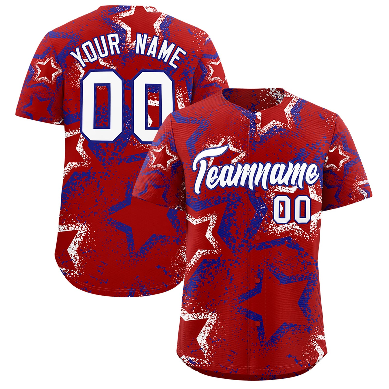 Custom Red White Royal Blue Star-Shaped Ink Texture Graffiti Pattern Baseball Jersey | Sublimation Printed & Stitched,Add Name and Numbern,Perfect for Parties,Perfect for Training | KXKSHOP