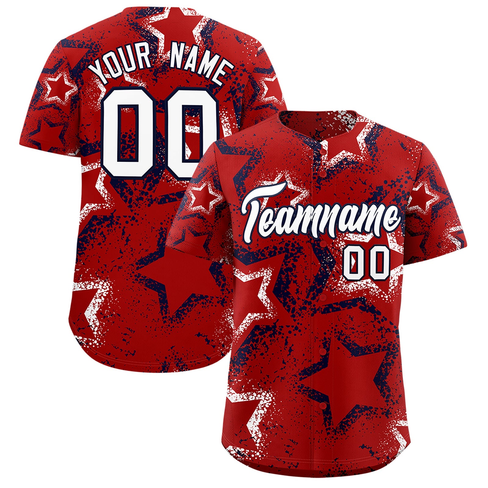 Custom Red White Navy Star-Shaped Ink Texture Graffiti Pattern Baseball Jersey | Sublimation Printed & Stitched,Add Name and Numbern,Perfect for Parties,Perfect for Training | KXKSHOP