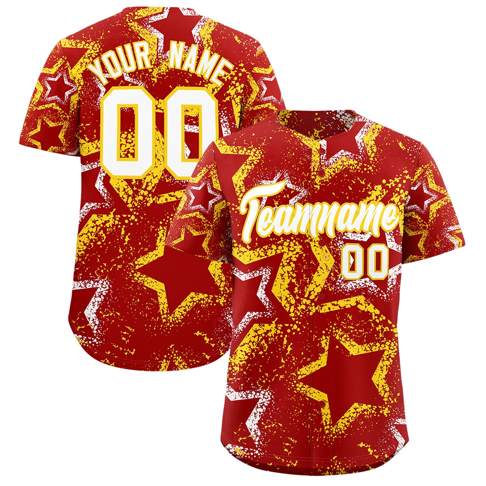 Custom Red White Gold Star-Shaped Ink Texture Graffiti Pattern Baseball Jersey | Sublimation Printed & Stitched,Add Name and Numbern,Perfect for Parties,Perfect for Training | KXKSHOP